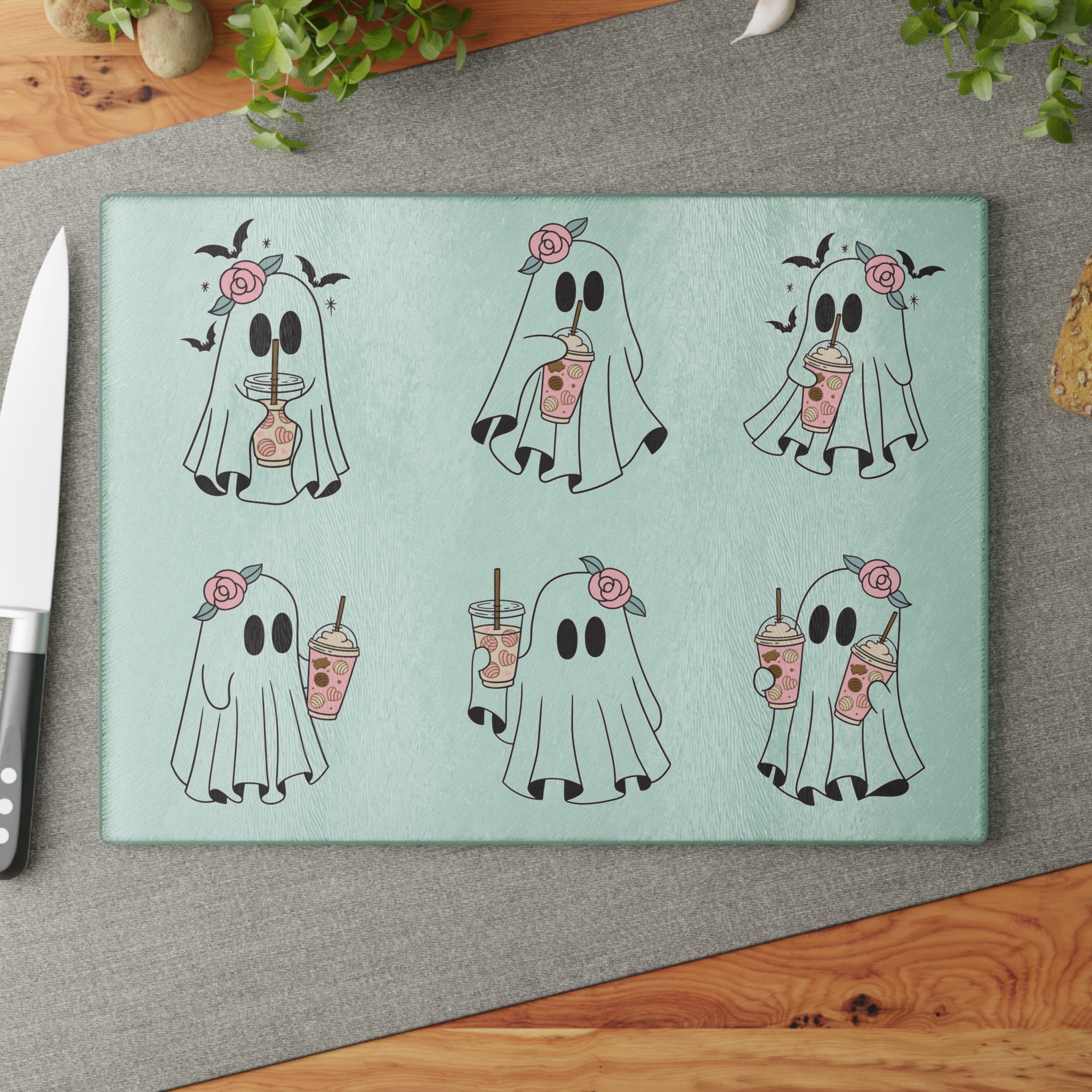 Ghost Boba Glass Cutting Board — Cute Floral Ghosts Drinking Bubble Tea Kitchen Decor