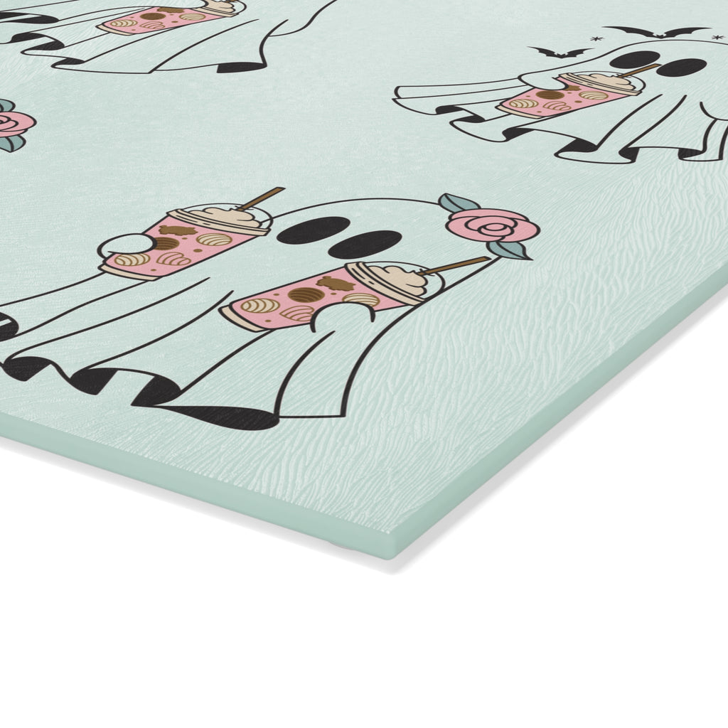 Ghost Boba Glass Cutting Board — Cute Floral Ghosts Drinking Bubble Tea Kitchen Decor