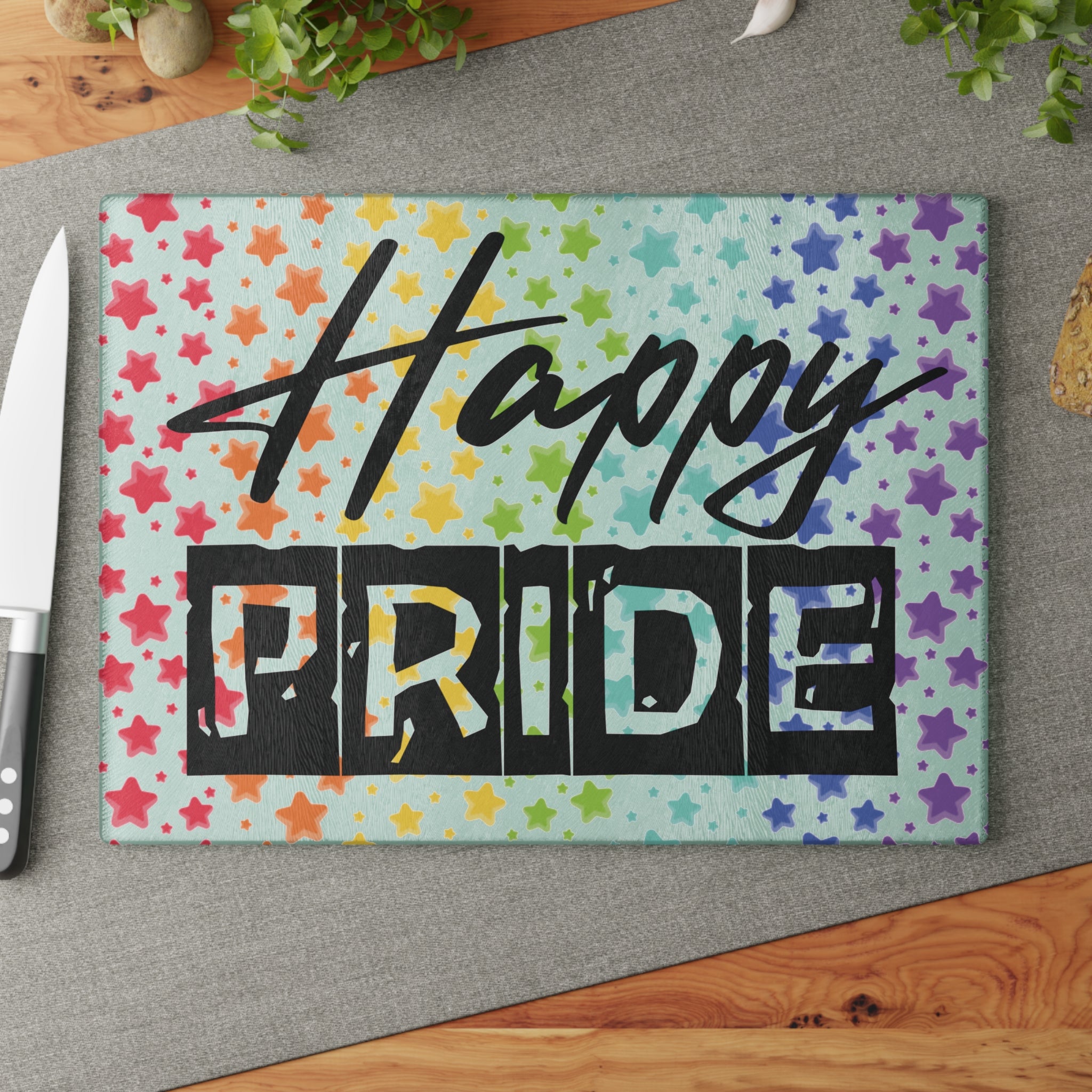 Happy Pride Glass Cutting Board — Rainbow Star LGBTQ+ Kitchen Decor