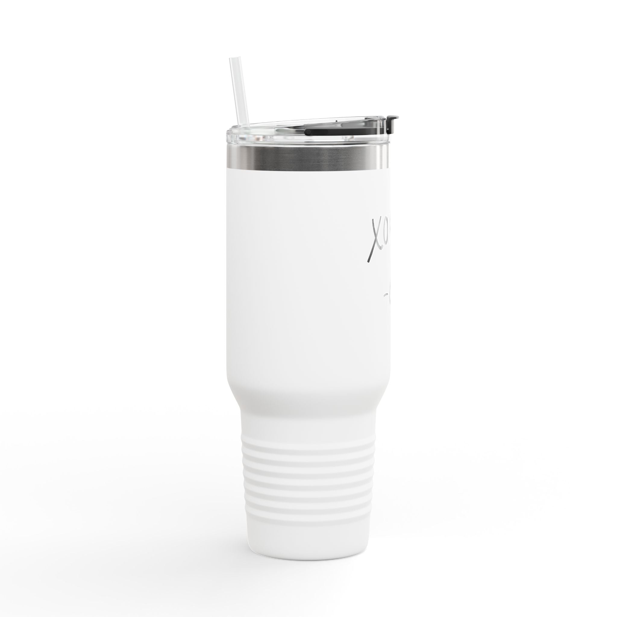 40oz Insulated Travel Mug – "XOXO – Coffee" White Stainless Tumbler with Straw & Handle