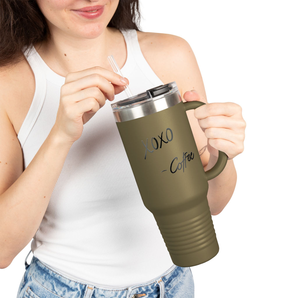 40oz Insulated Travel Mug – "XOXO – Coffee" White Stainless Tumbler with Straw & Handle
