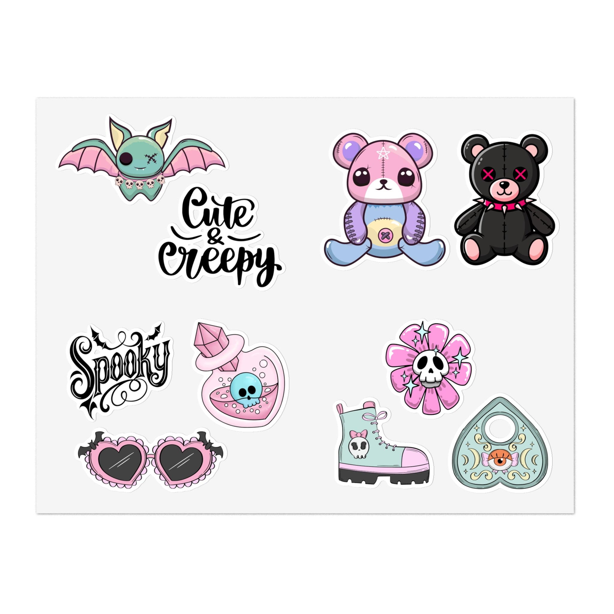 10 Sticker sheets: Cute & Creepy Sticker Sheet Bundle — 10pcs Spooky Stickers (bats, bears, hearts)