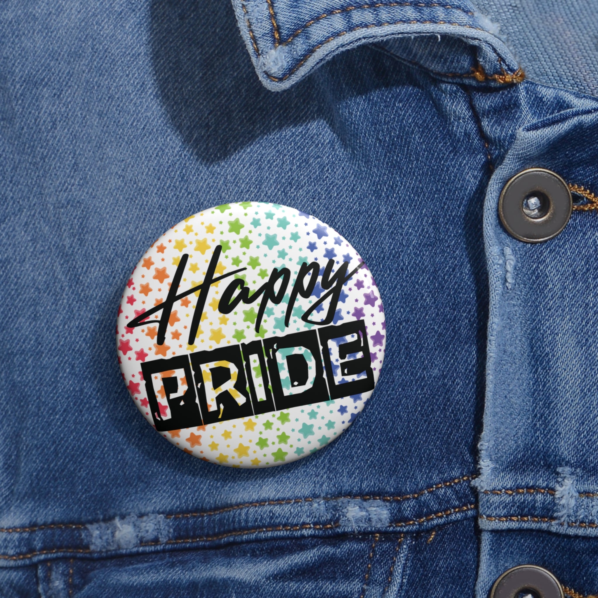 Pride Pin Button — “Happy Pride” Rainbow Starlapel Pin