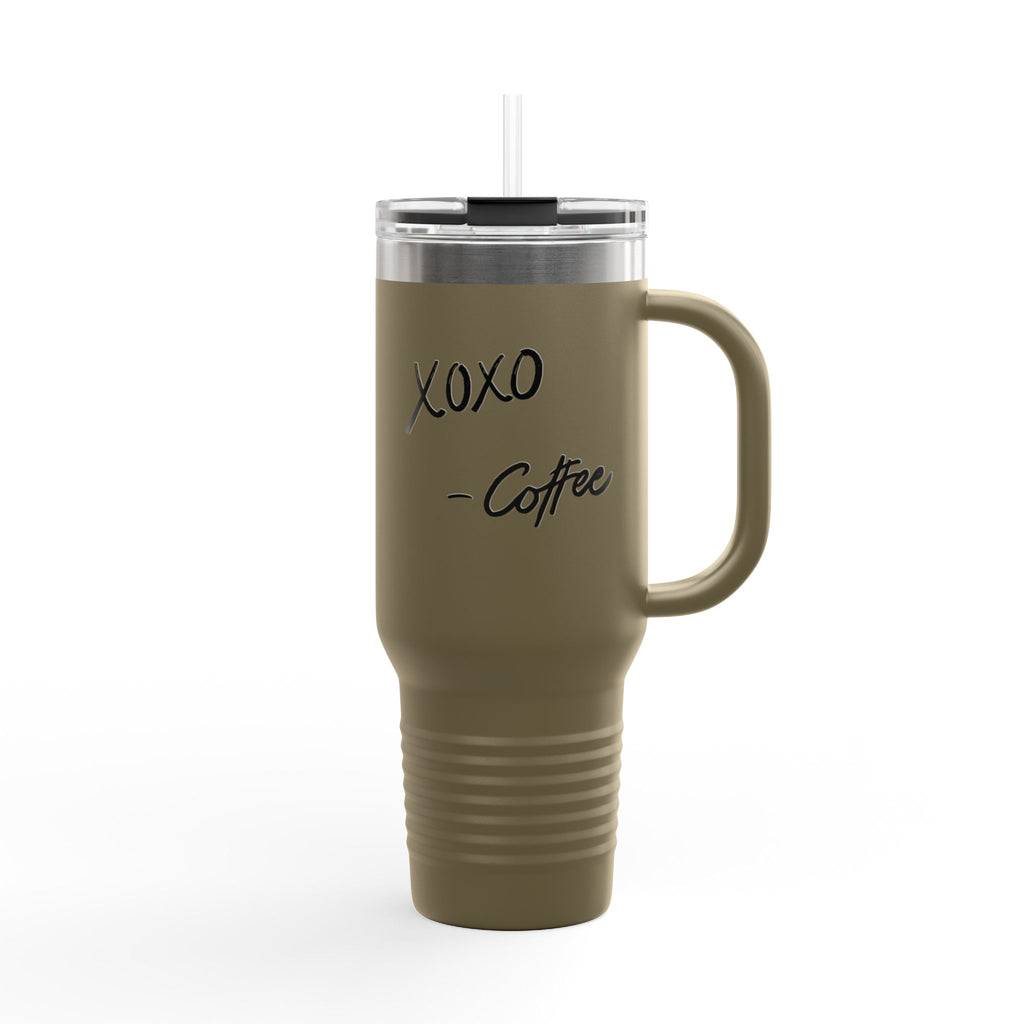 40oz Insulated Travel Mug – "XOXO – Coffee" White Stainless Tumbler with Straw & Handle