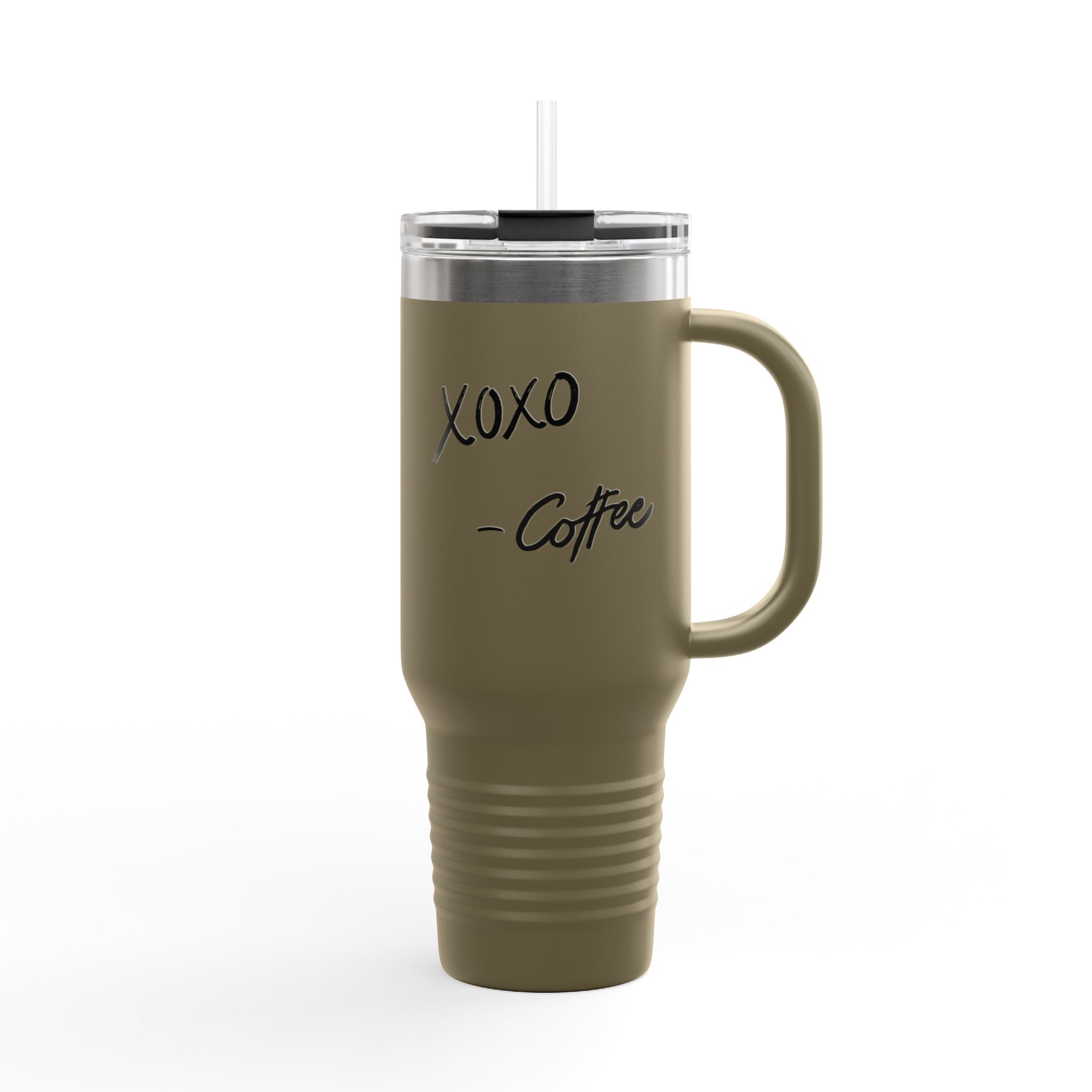 40oz Insulated Travel Mug – "XOXO – Coffee" White Stainless Tumbler with Straw & Handle