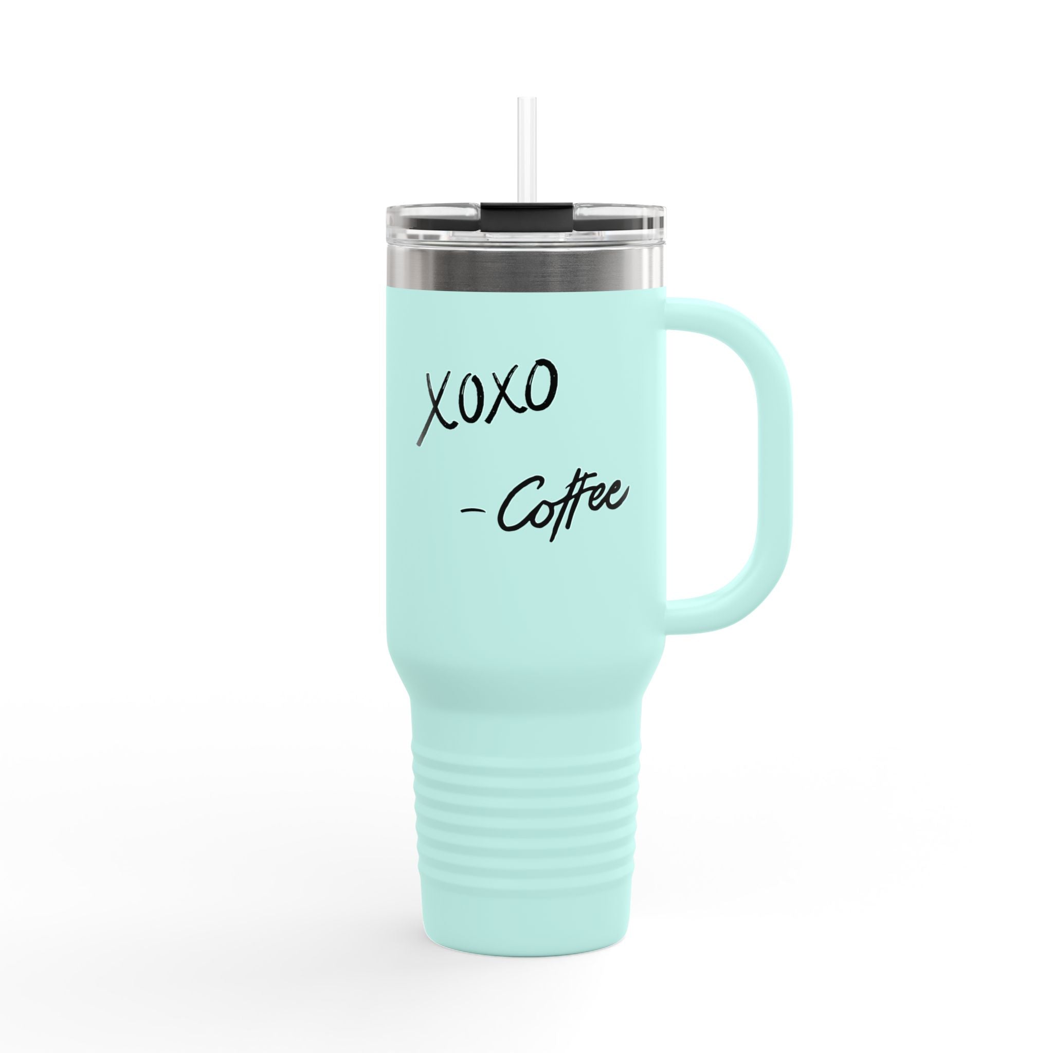 40oz Insulated Travel Mug – "XOXO – Coffee" White Stainless Tumbler with Straw & Handle