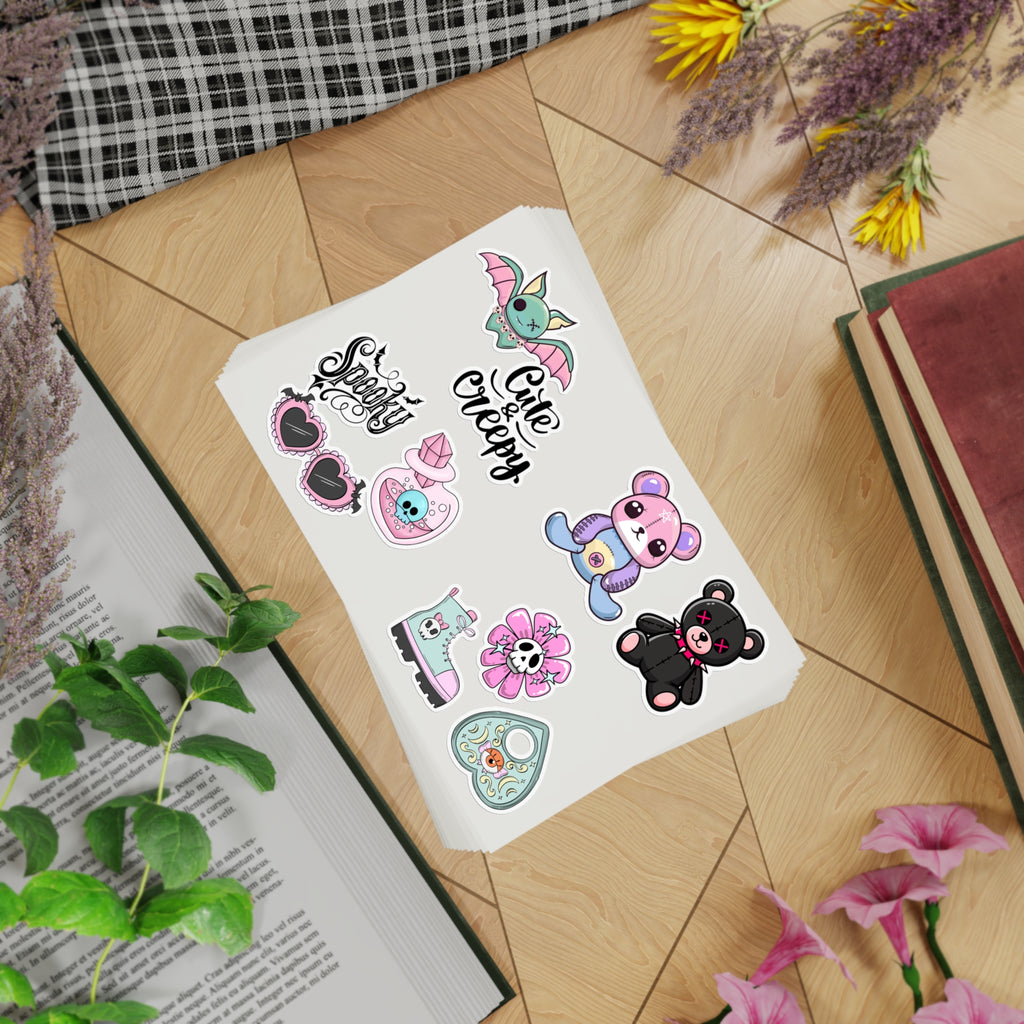 10 Sticker sheets: Cute & Creepy Sticker Sheet Bundle — 10pcs Spooky Stickers (bats, bears, hearts)