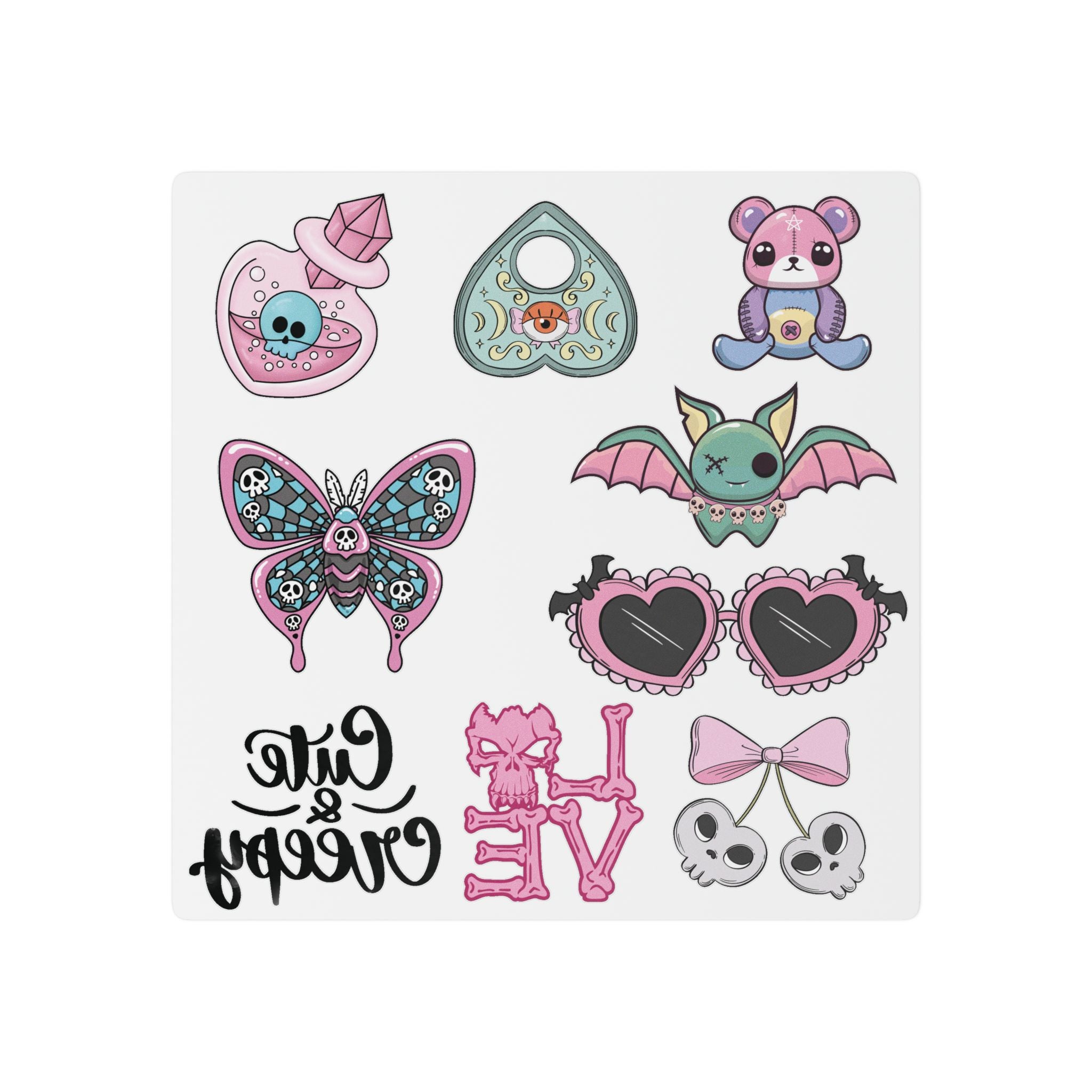 Cute Goth Temporary Tattoos — Pink Bat, Skull, Butterfly & "Live" Designs