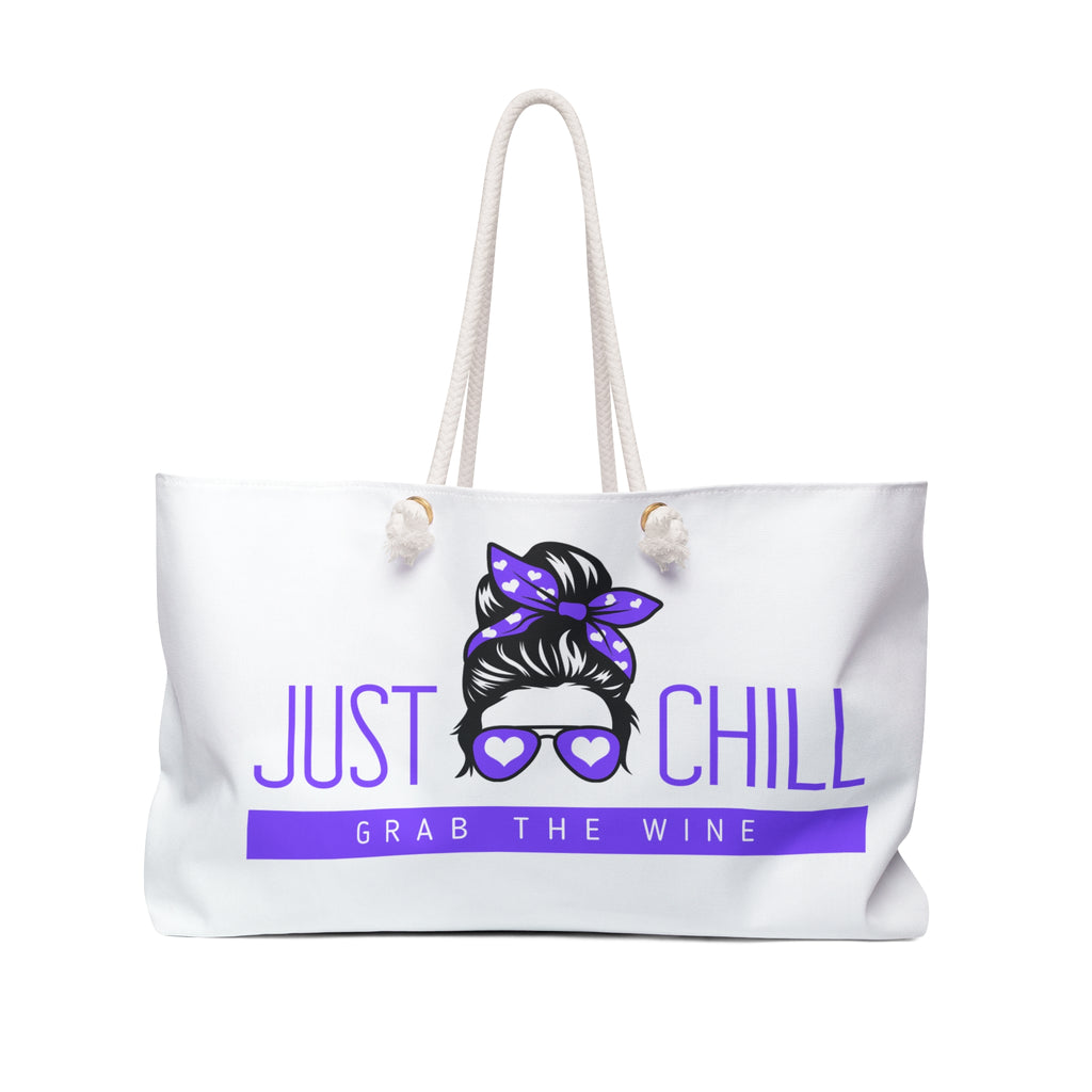 Weekender Bag - "Just Chill, Grab the Wine" Beach Tote | Casual Travel & Pool Bag for Wine Lovers - White