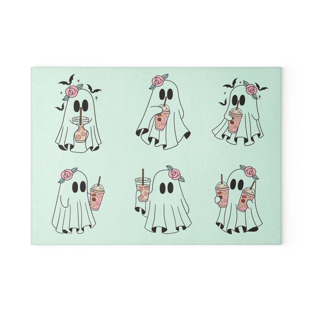 Ghost Boba Glass Cutting Board — Cute Floral Ghosts Drinking Bubble Tea Kitchen Decor