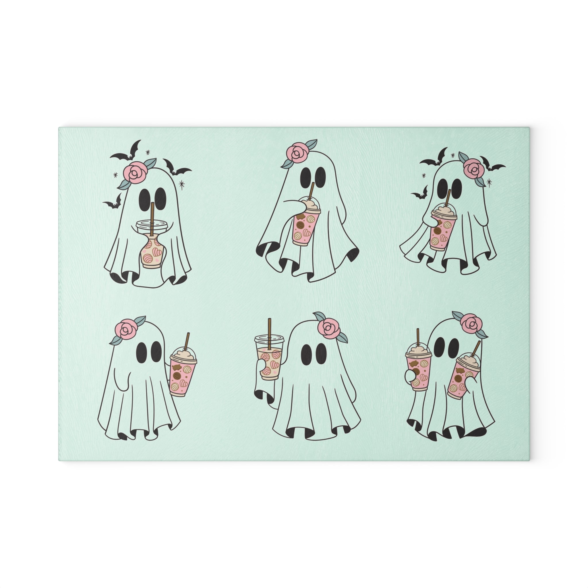 Ghost Boba Glass Cutting Board — Cute Floral Ghosts Drinking Bubble Tea Kitchen Decor