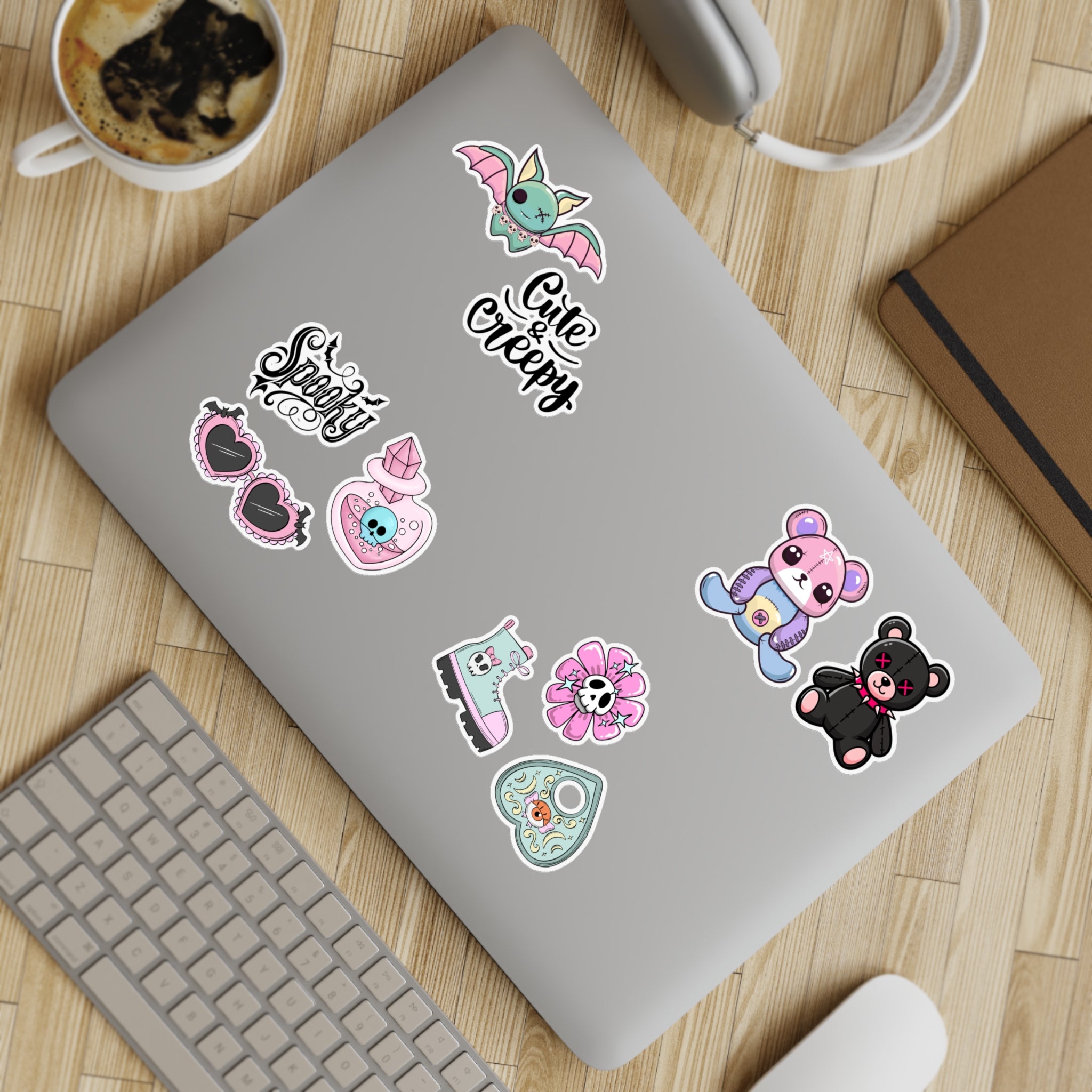 10 Sticker sheets: Cute & Creepy Sticker Sheet Bundle — 10pcs Spooky Stickers (bats, bears, hearts)