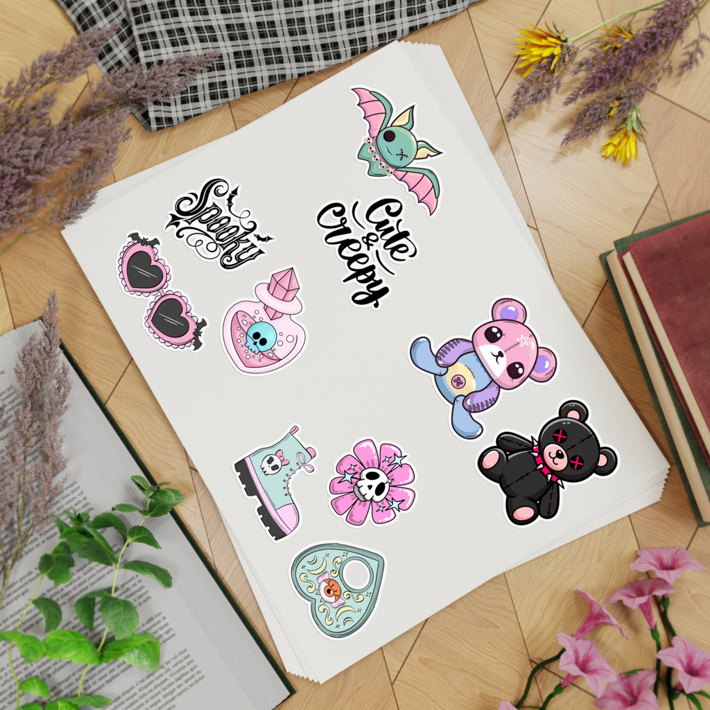 10 Sticker sheets: Cute & Creepy Sticker Sheet Bundle — 10pcs Spooky Stickers (bats, bears, hearts)