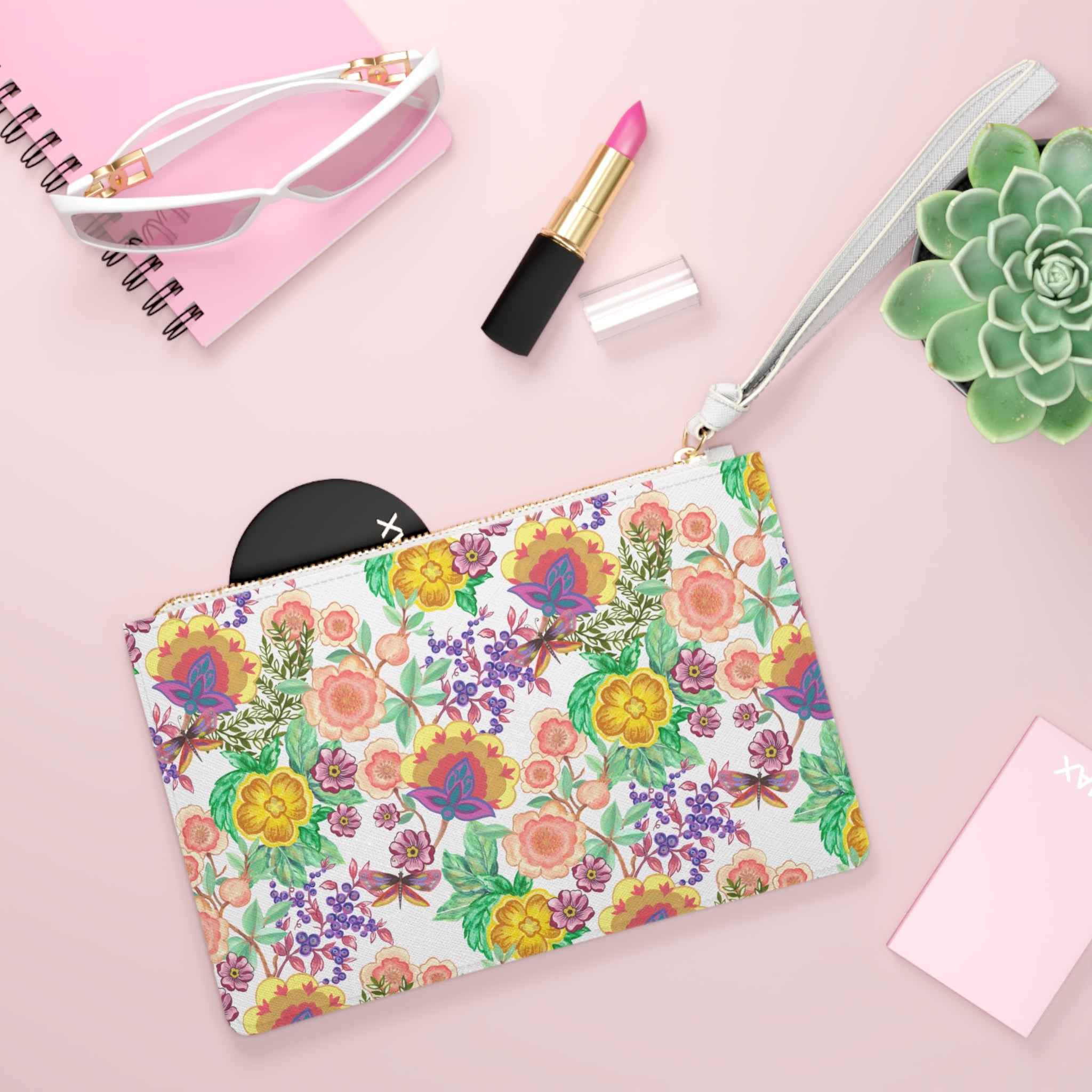 Floral Watercolor Clutch Bag — Bright Garden Pattern Wristlet for Spring & Summer
