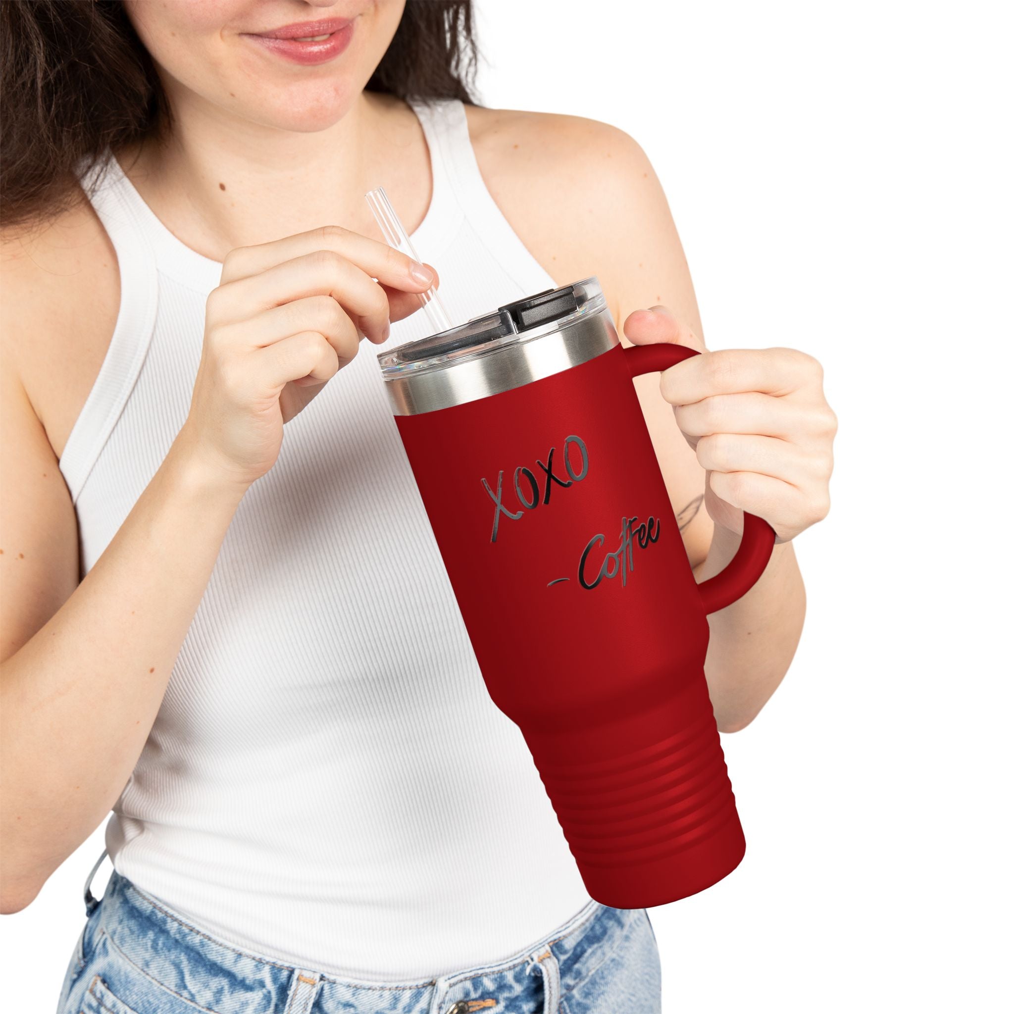 40oz Insulated Travel Mug – "XOXO – Coffee" White Stainless Tumbler with Straw & Handle