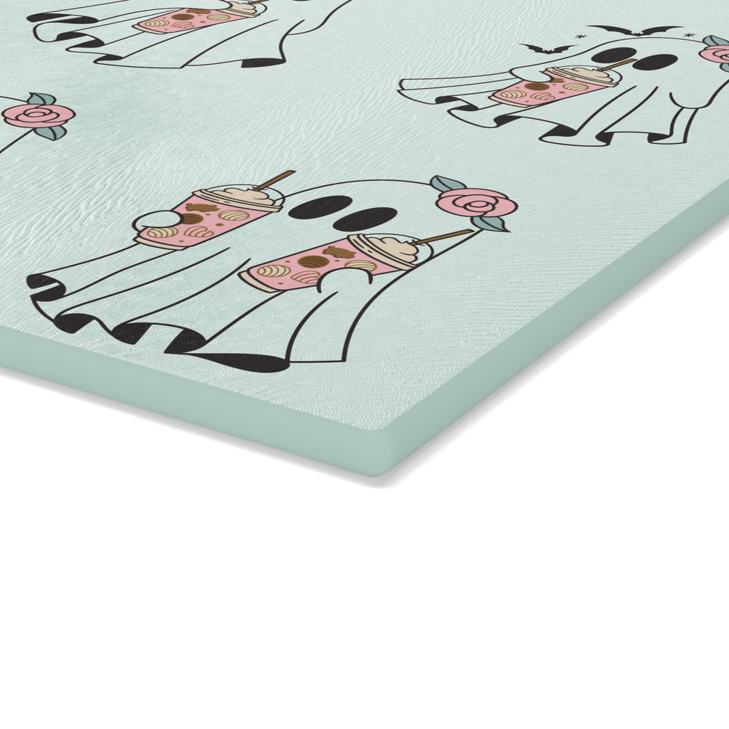 Ghost Boba Glass Cutting Board — Cute Floral Ghosts Drinking Bubble Tea Kitchen Decor