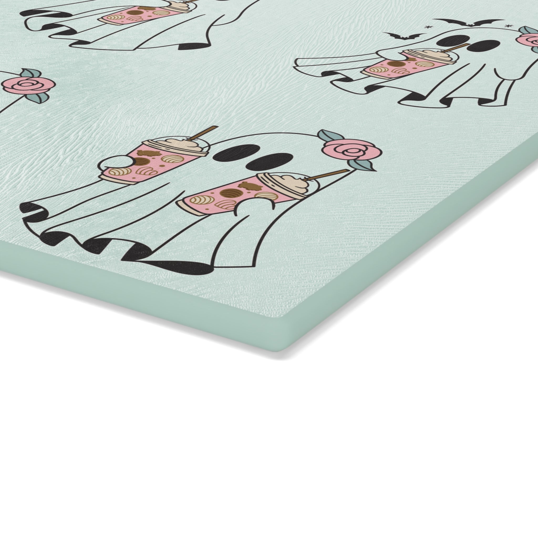 Ghost Boba Glass Cutting Board — Cute Floral Ghosts Drinking Bubble Tea Kitchen Decor