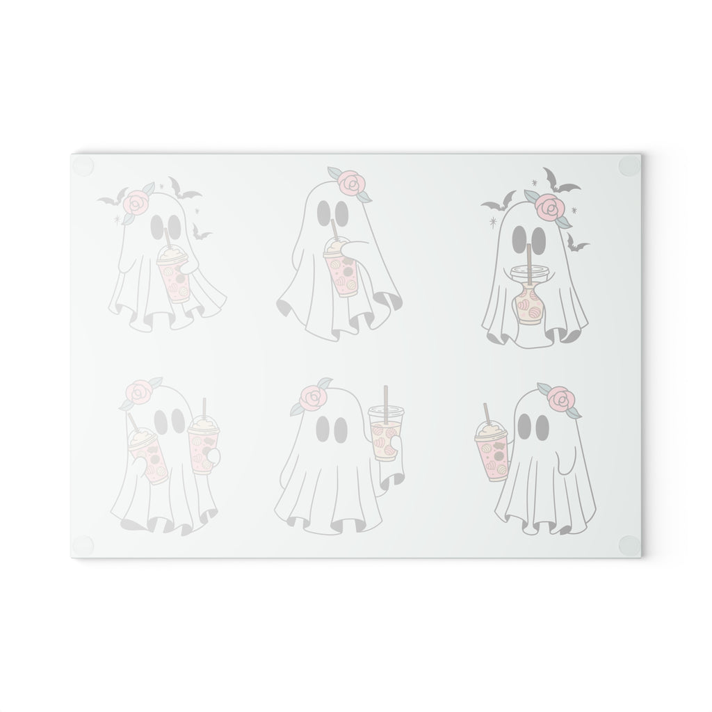 Ghost Boba Glass Cutting Board — Cute Floral Ghosts Drinking Bubble Tea Kitchen Decor