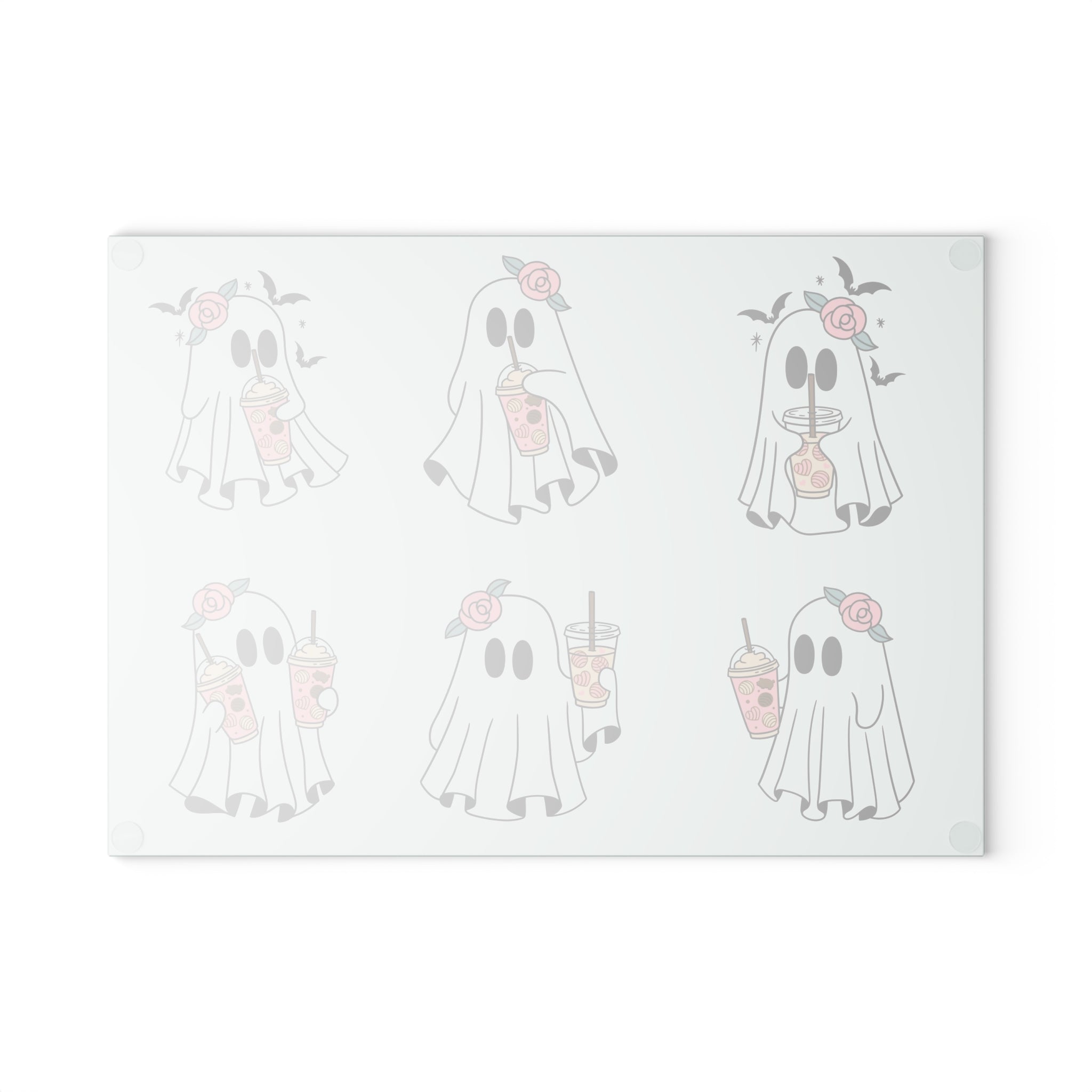 Ghost Boba Glass Cutting Board — Cute Floral Ghosts Drinking Bubble Tea Kitchen Decor