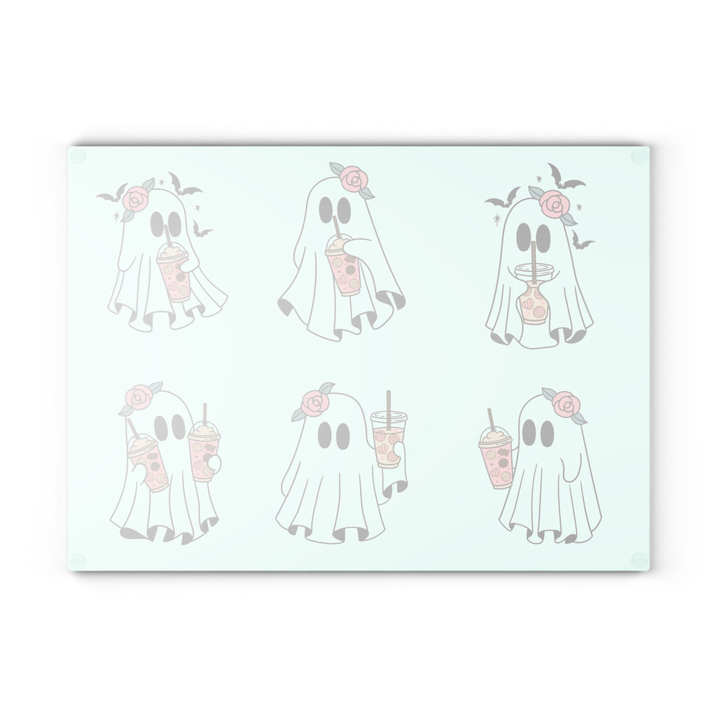 Ghost Boba Glass Cutting Board — Cute Floral Ghosts Drinking Bubble Tea Kitchen Decor