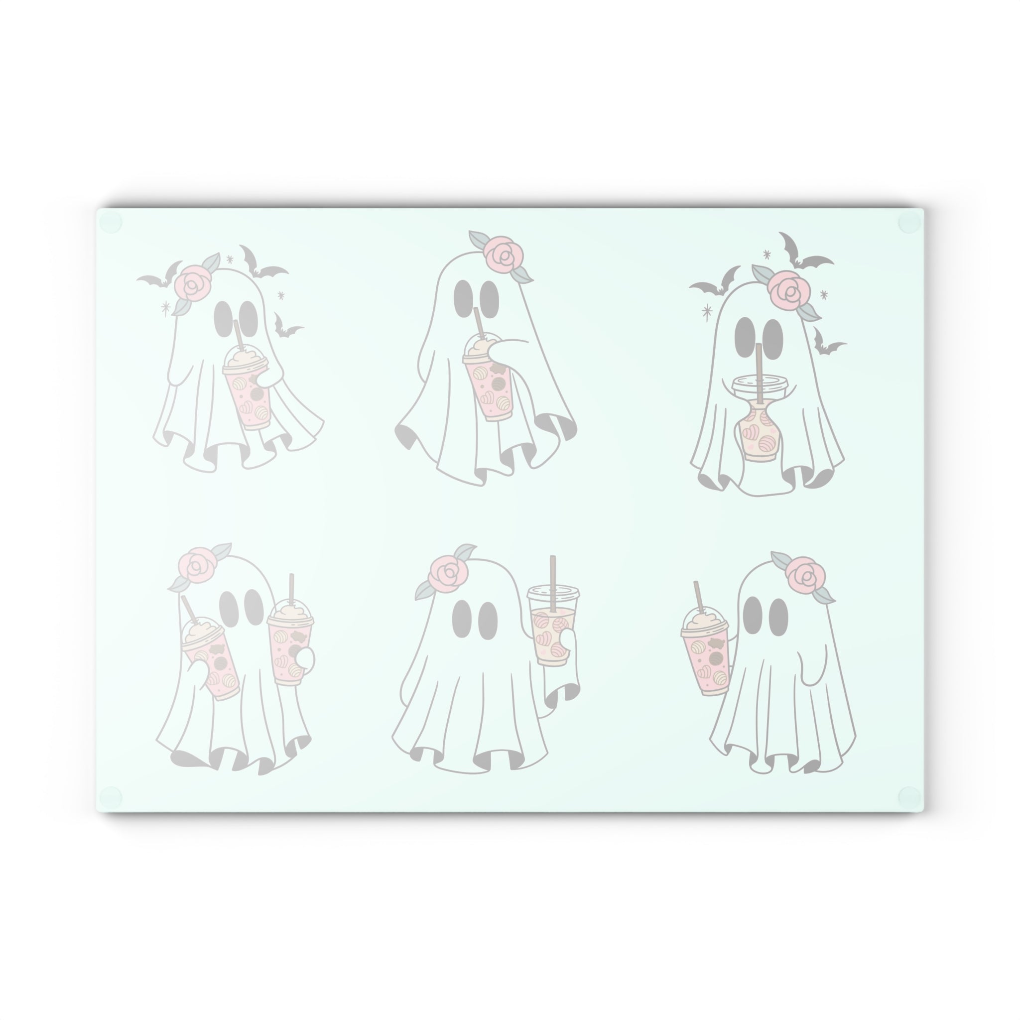 Ghost Boba Glass Cutting Board — Cute Floral Ghosts Drinking Bubble Tea Kitchen Decor