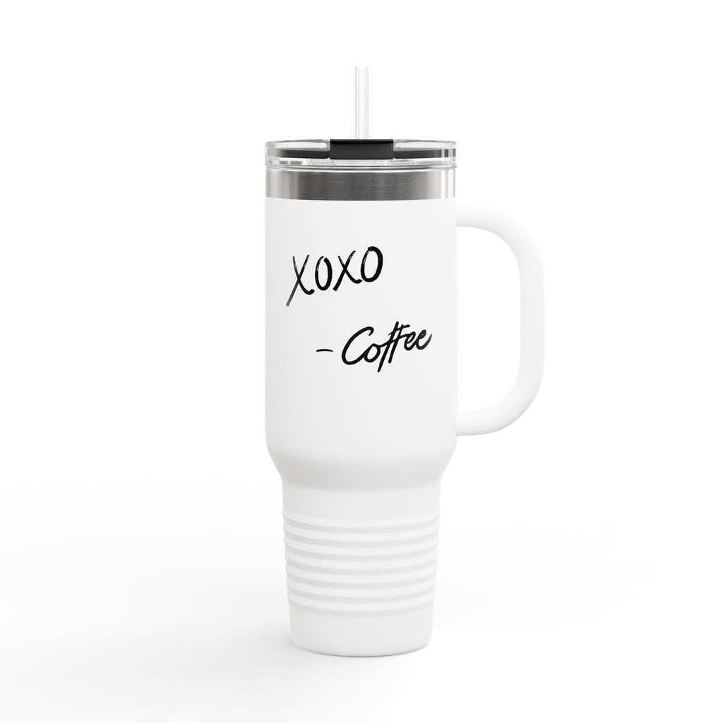 40oz Insulated Travel Mug – "XOXO – Coffee" White Stainless Tumbler with Straw & Handle