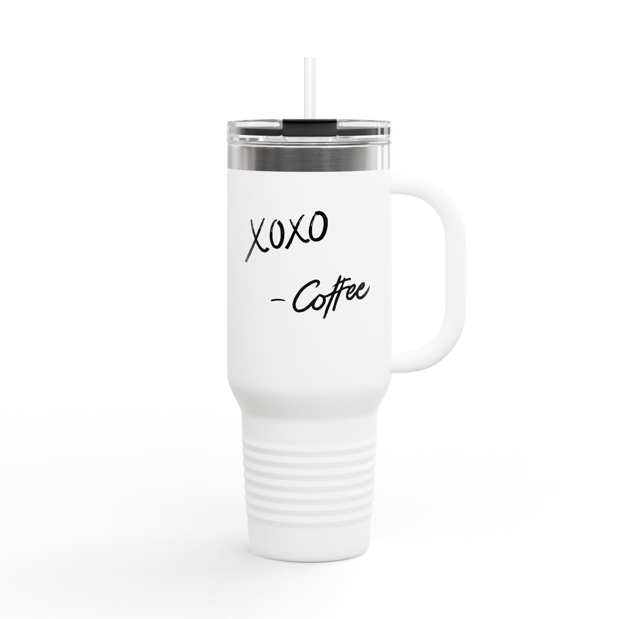 40oz Insulated Travel Mug – "XOXO – Coffee" White Stainless Tumbler with Straw & Handle