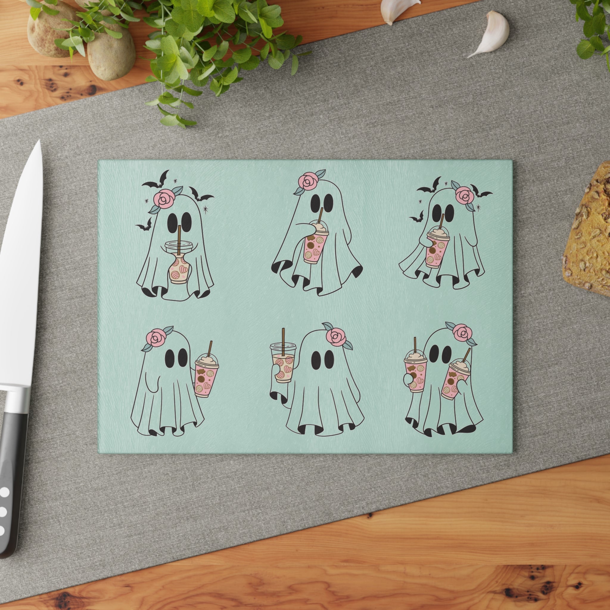 Ghost Boba Glass Cutting Board — Cute Floral Ghosts Drinking Bubble Tea Kitchen Decor