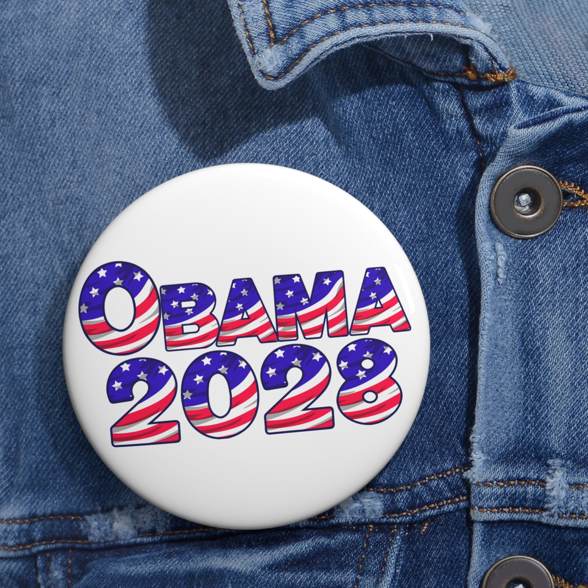 Political Campaign Pin Button — "OBAMA 2028" Patriotic Round Badge