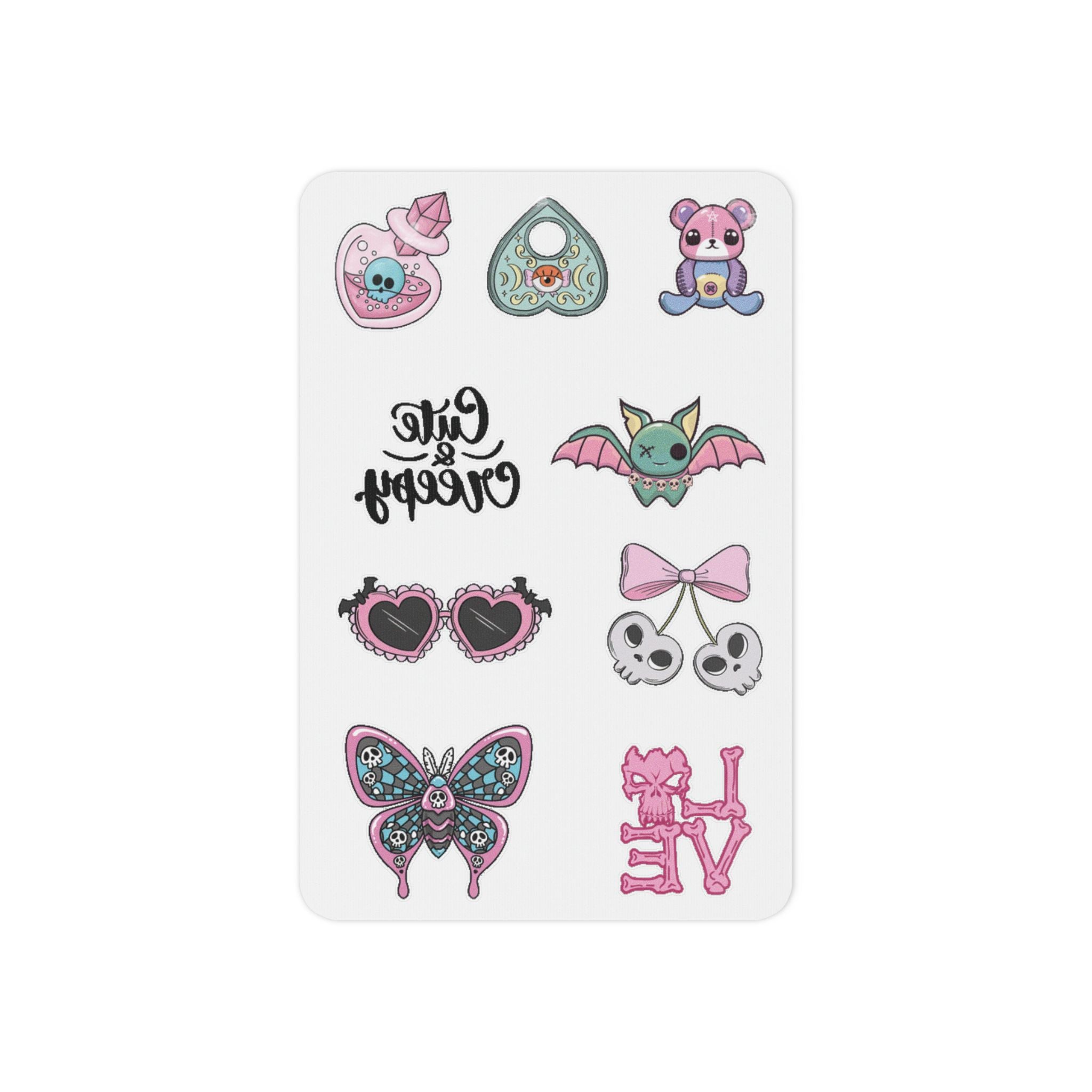 Cute Goth Temporary Tattoos — Pink Bat, Skull, Butterfly & "Live" Designs
