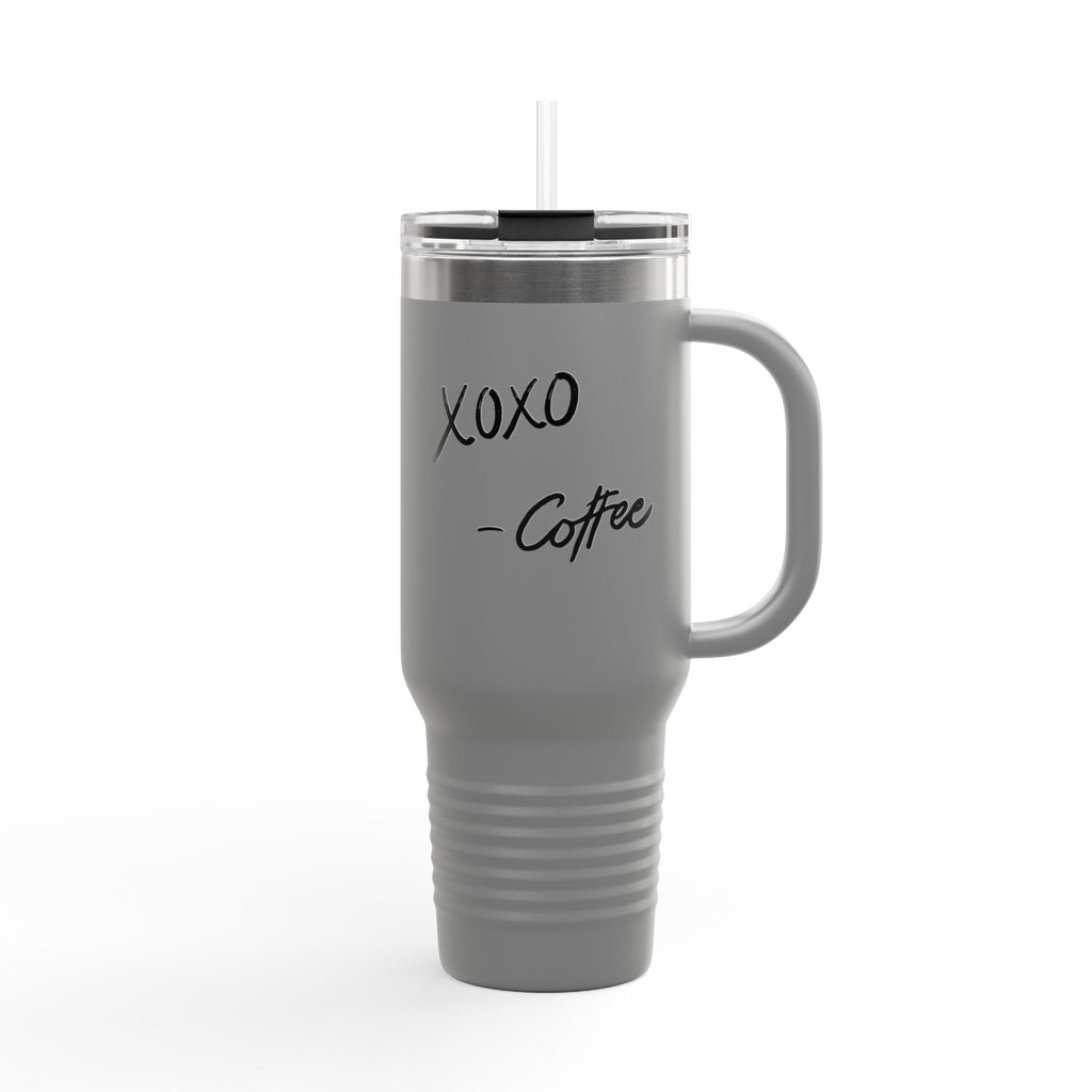 40oz Insulated Travel Mug – "XOXO – Coffee" White Stainless Tumbler with Straw & Handle