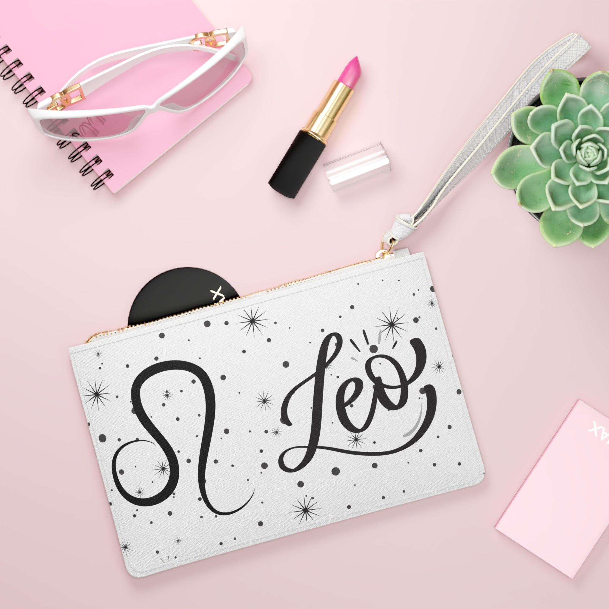Leo Zodiac Clutch Bag — Astrological Wristlet with Leo Script & Starry Design