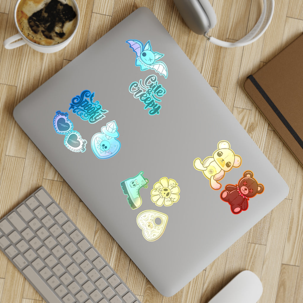 10 Sticker sheets: Cute & Creepy Sticker Sheet Bundle — 10pcs Spooky Stickers (bats, bears, hearts)