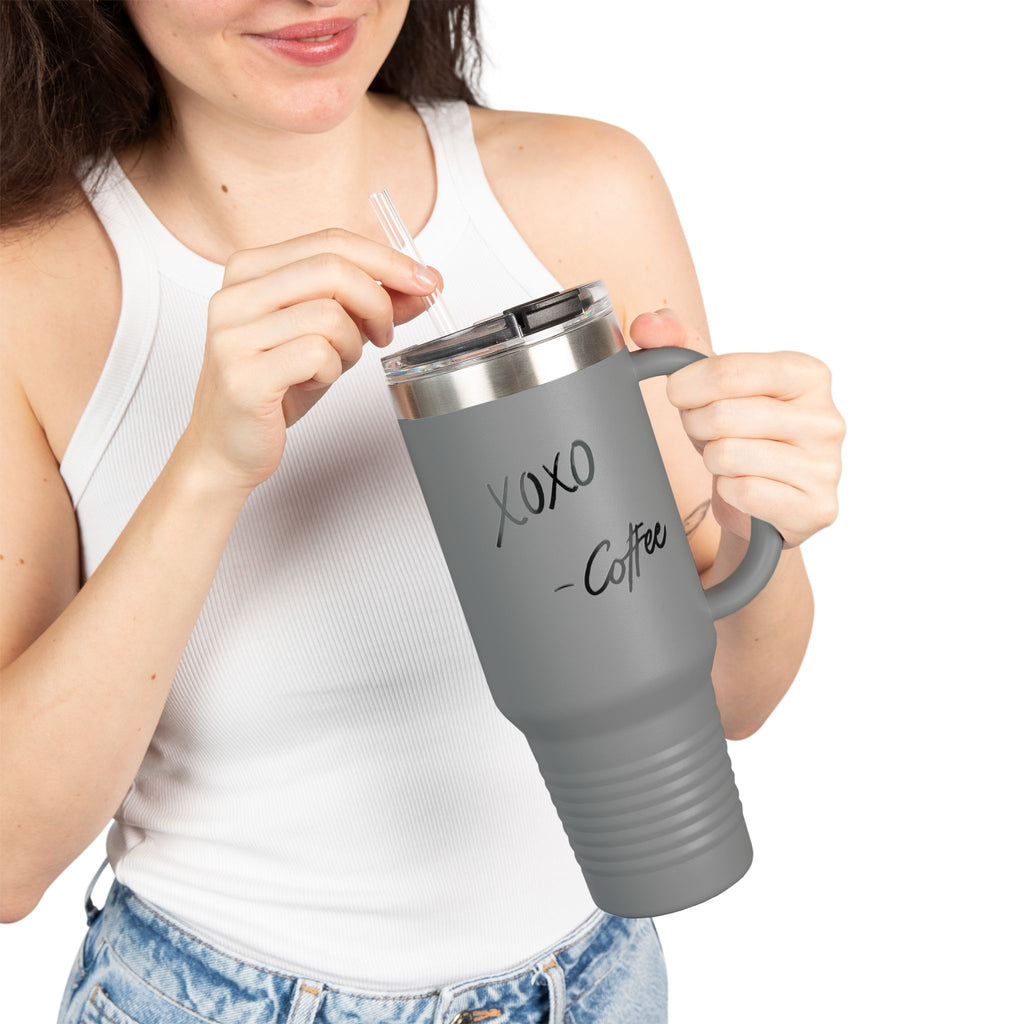 40oz Insulated Travel Mug – "XOXO – Coffee" White Stainless Tumbler with Straw & Handle