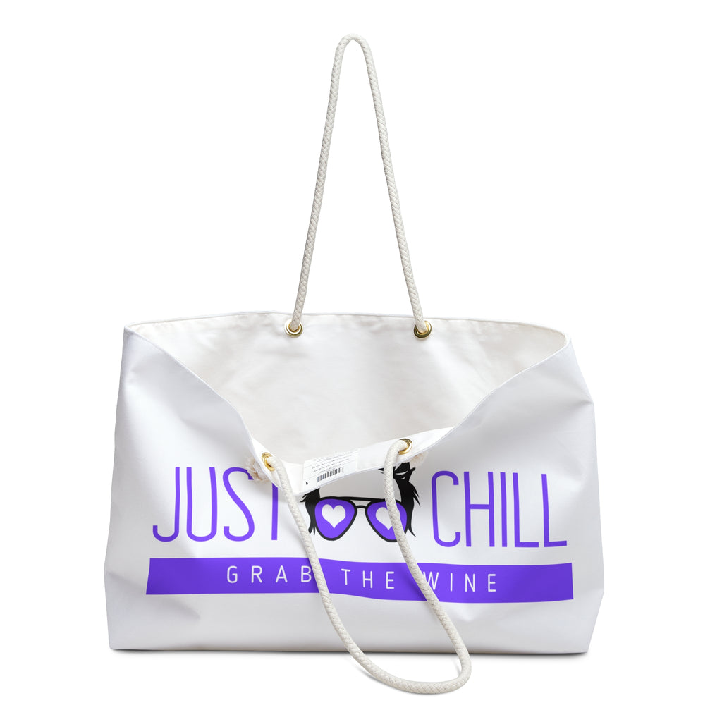 Weekender Bag - "Just Chill, Grab the Wine" Beach Tote | Casual Travel & Pool Bag for Wine Lovers - White