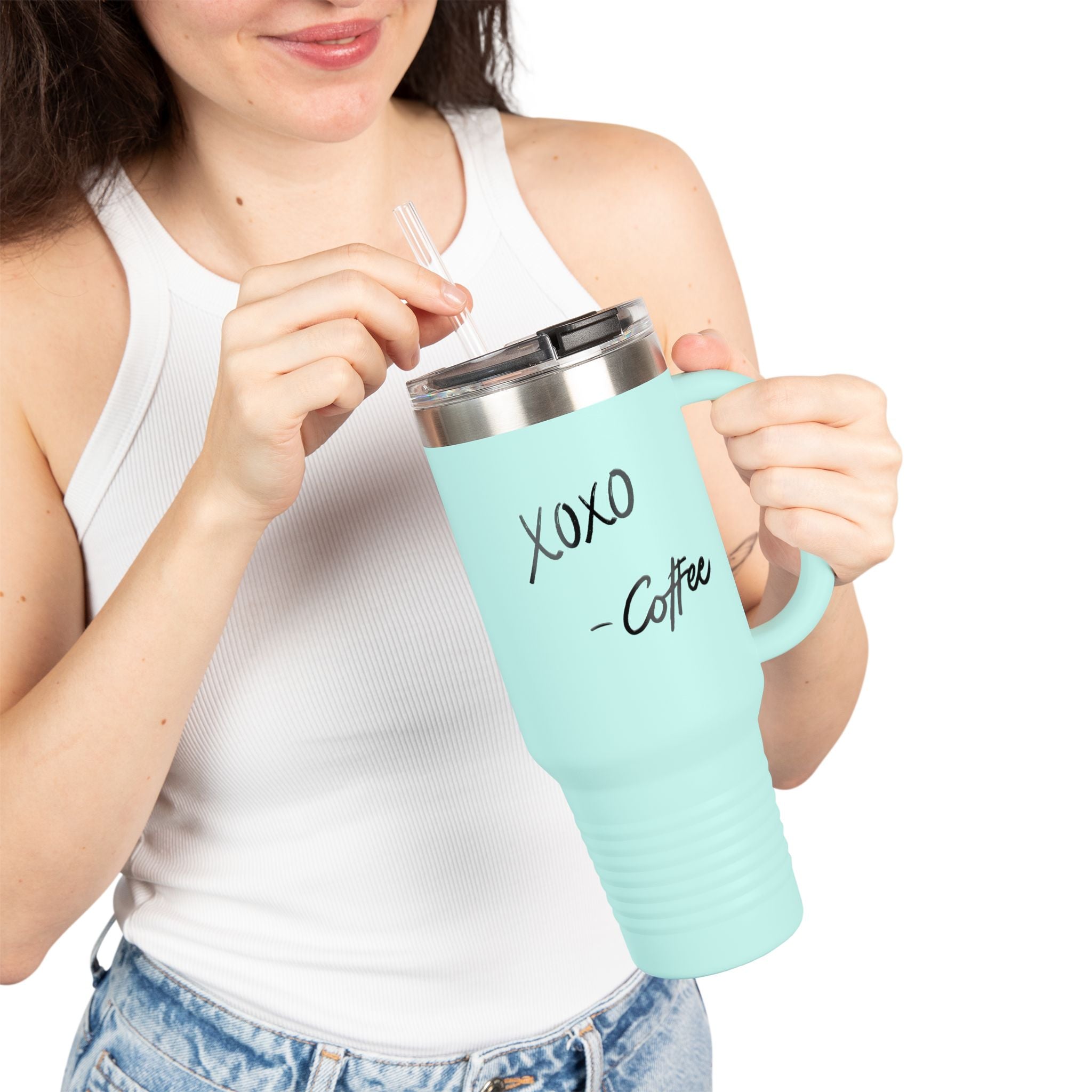 40oz Insulated Travel Mug – "XOXO – Coffee" White Stainless Tumbler with Straw & Handle