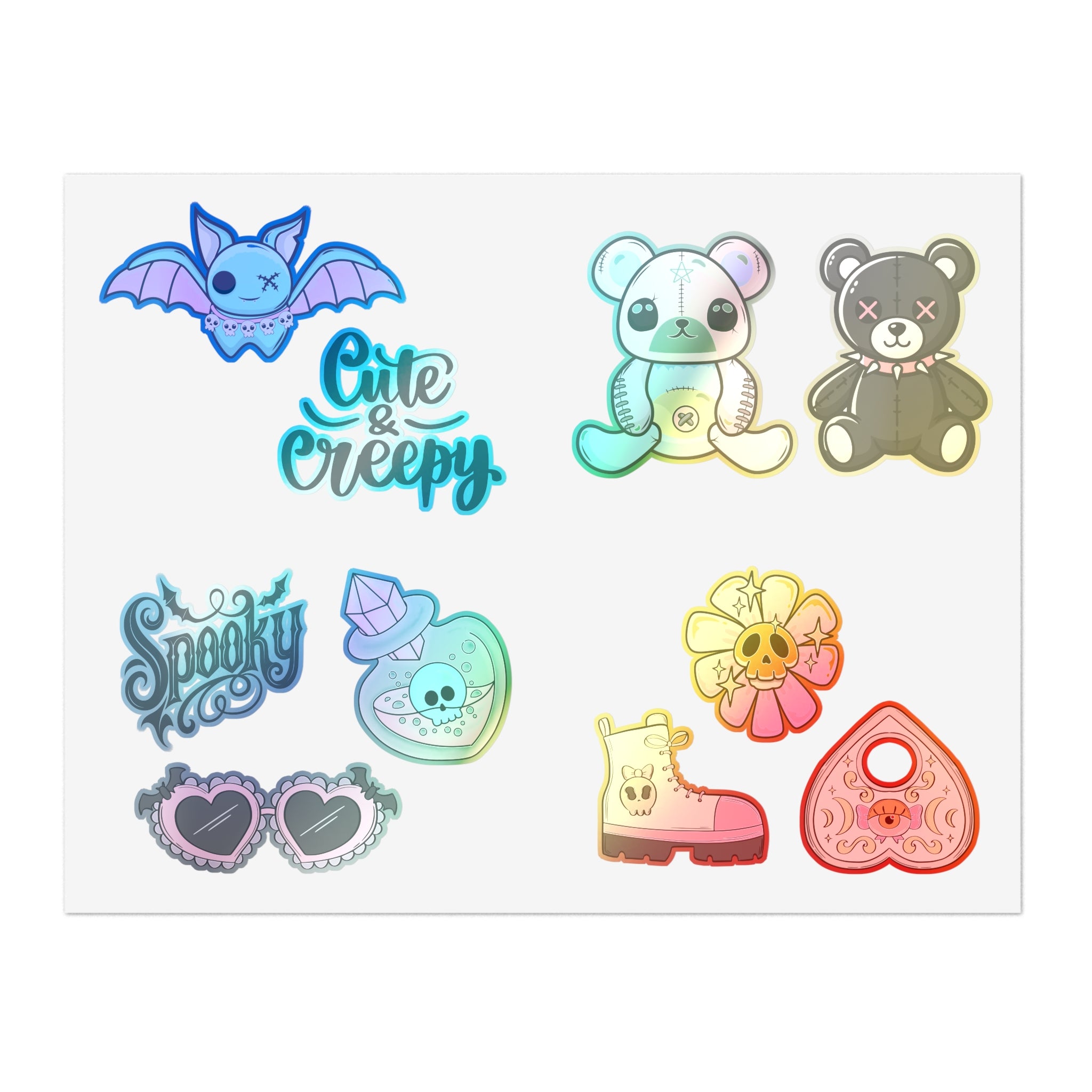 10 Sticker sheets: Cute & Creepy Sticker Sheet Bundle — 10pcs Spooky Stickers (bats, bears, hearts)