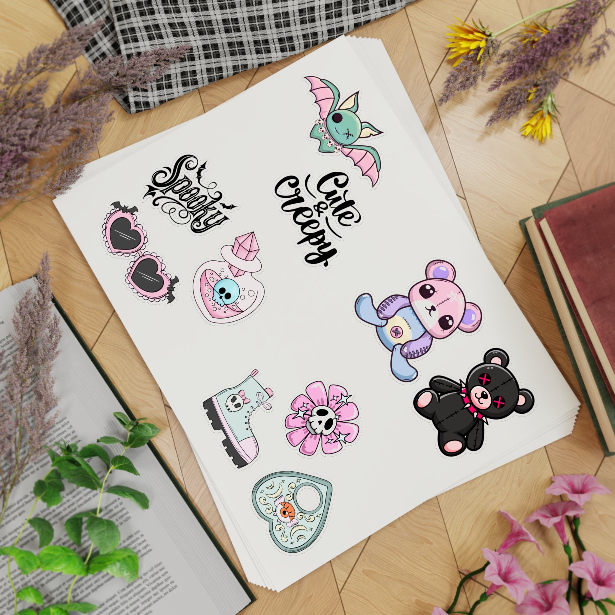 10 Sticker sheets: Cute & Creepy Sticker Sheet Bundle — 10pcs Spooky Stickers (bats, bears, hearts)