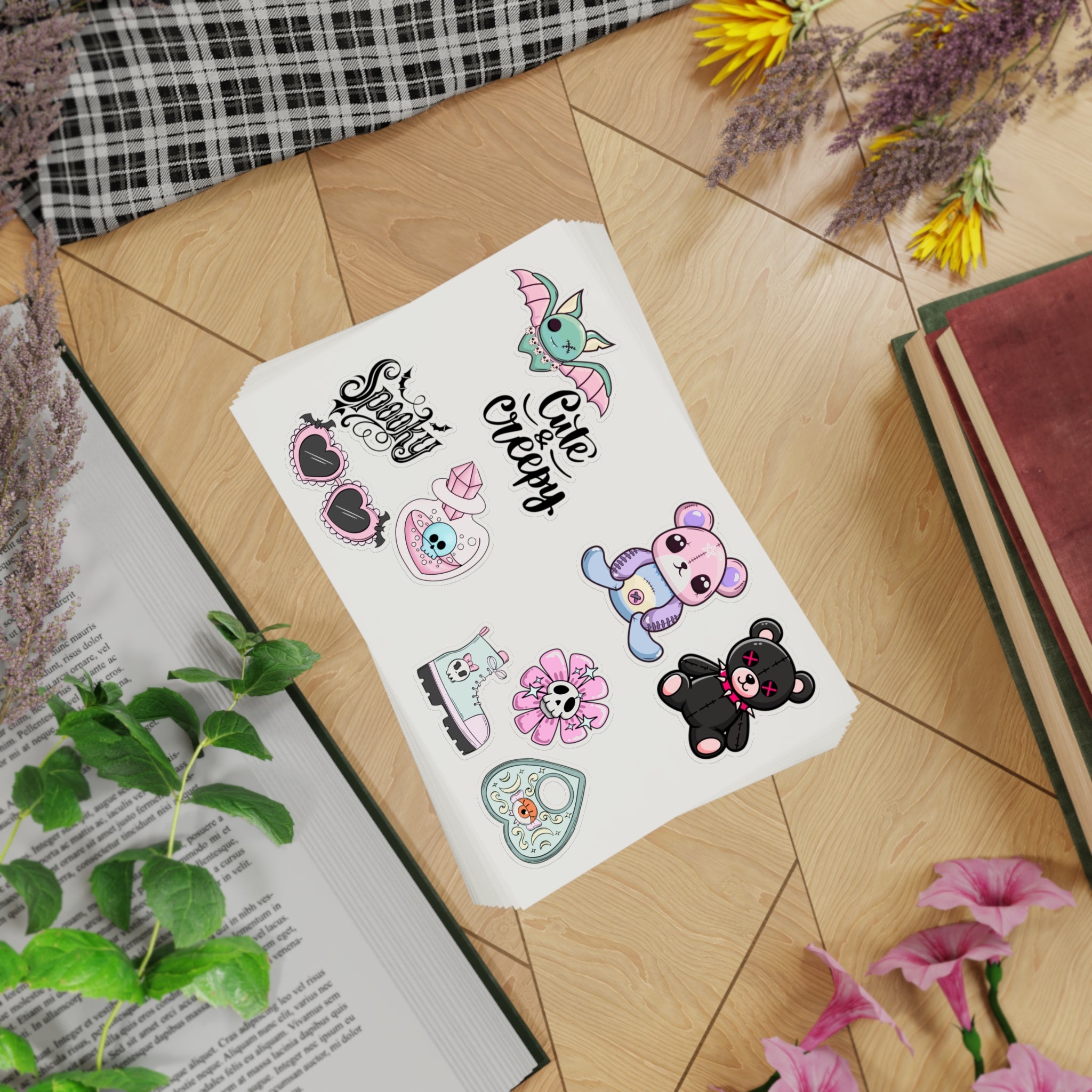 10 Sticker sheets: Cute & Creepy Sticker Sheet Bundle — 10pcs Spooky Stickers (bats, bears, hearts)