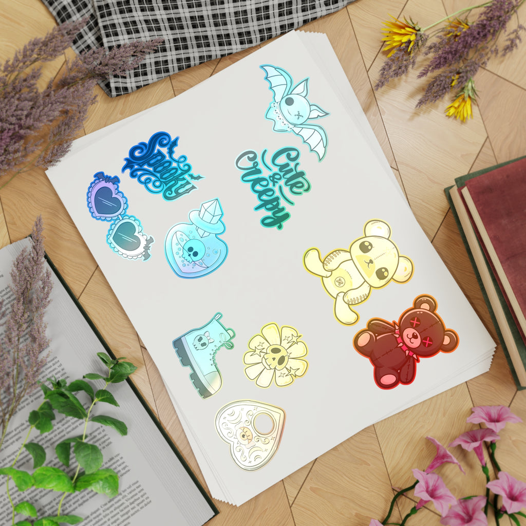 10 Sticker sheets: Cute & Creepy Sticker Sheet Bundle — 10pcs Spooky Stickers (bats, bears, hearts)