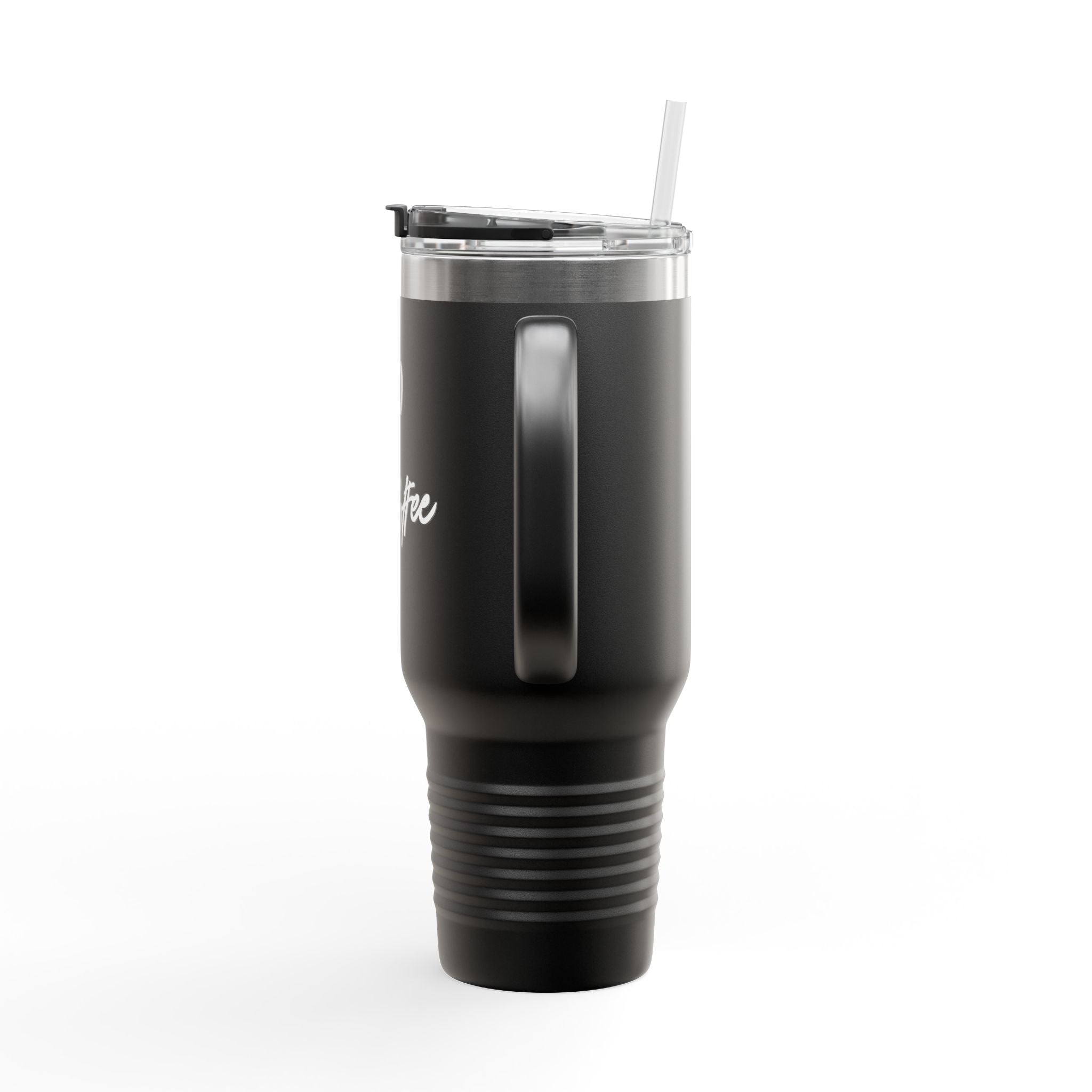 40oz Insulated Travel Mug — Black "XOXO Coffee" Tumbler with Straw & Handle - White Lettering