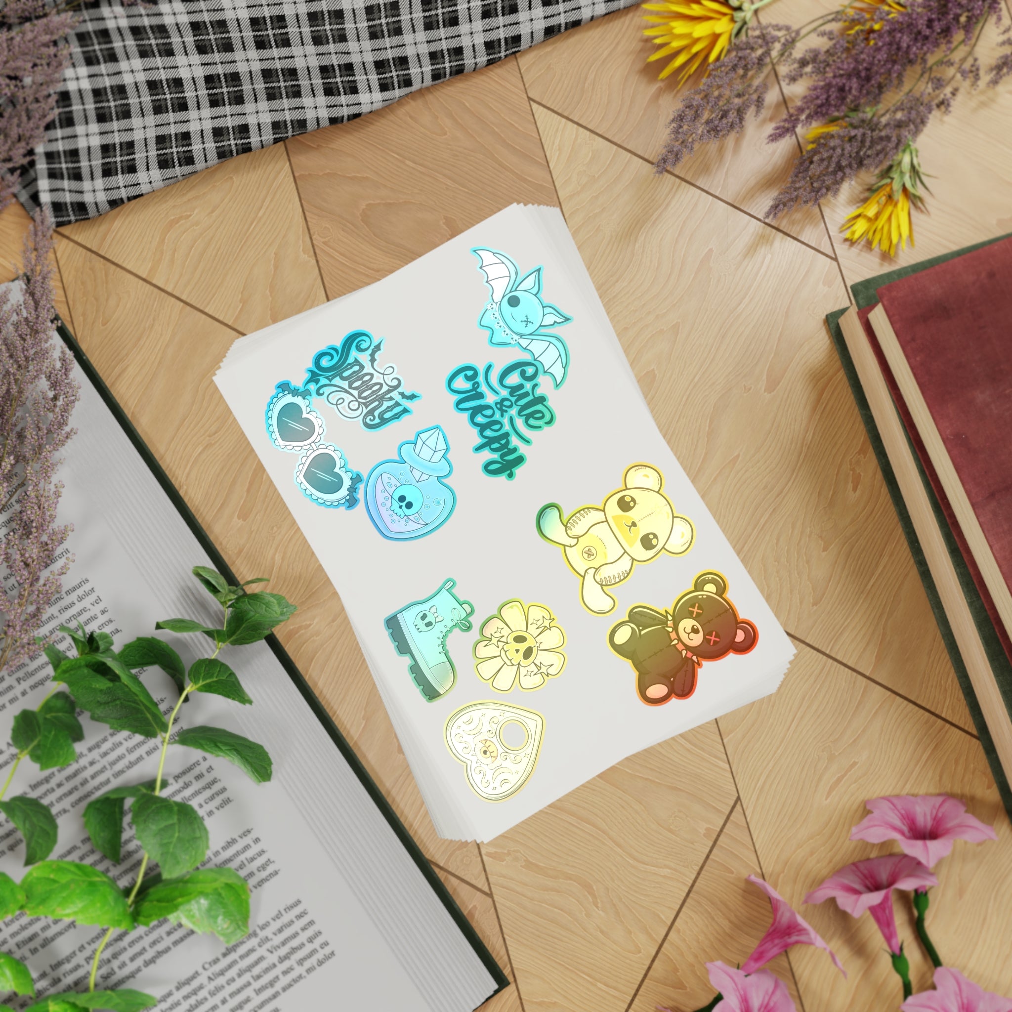10 Sticker sheets: Cute & Creepy Sticker Sheet Bundle — 10pcs Spooky Stickers (bats, bears, hearts)