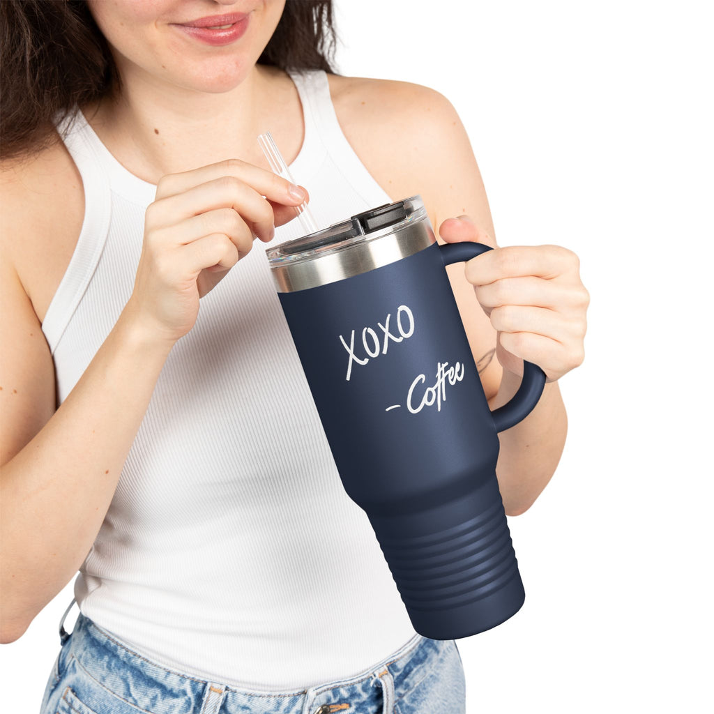 40oz Insulated Travel Mug — Black "XOXO Coffee" Tumbler with Straw & Handle - White Lettering
