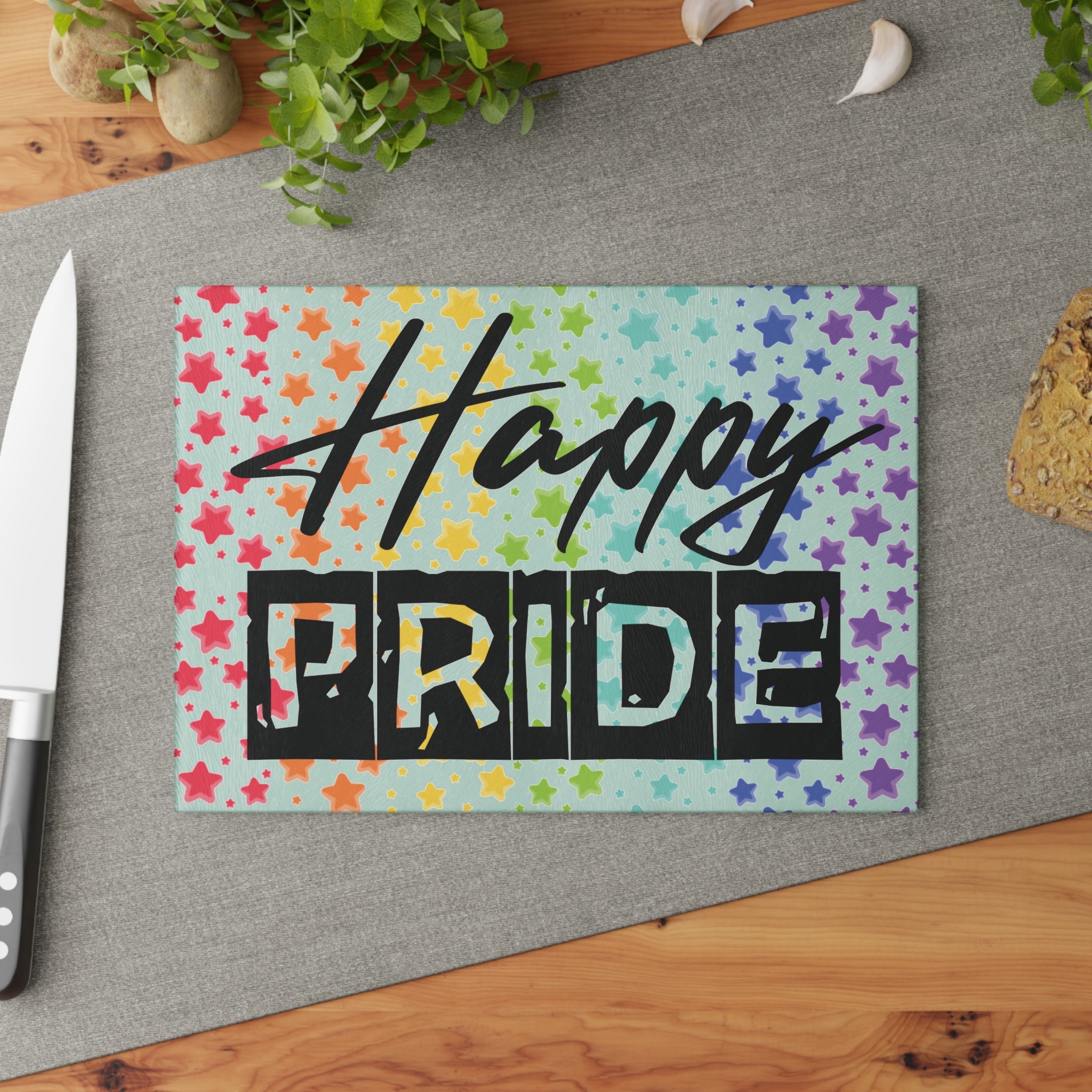 Happy Pride Glass Cutting Board — Rainbow Star LGBTQ+ Kitchen Decor