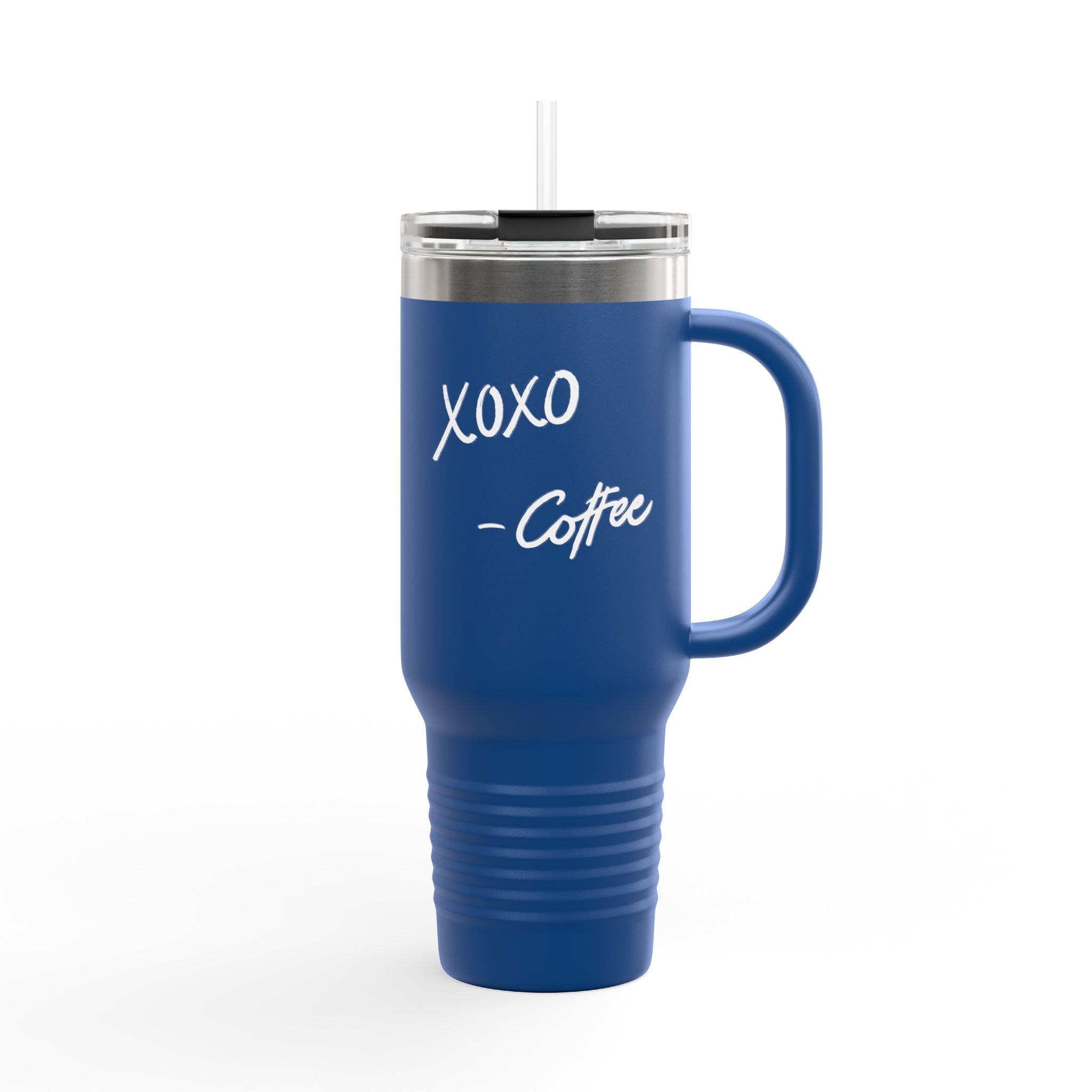 40oz Insulated Travel Mug — Black "XOXO Coffee" Tumbler with Straw & Handle - White Lettering