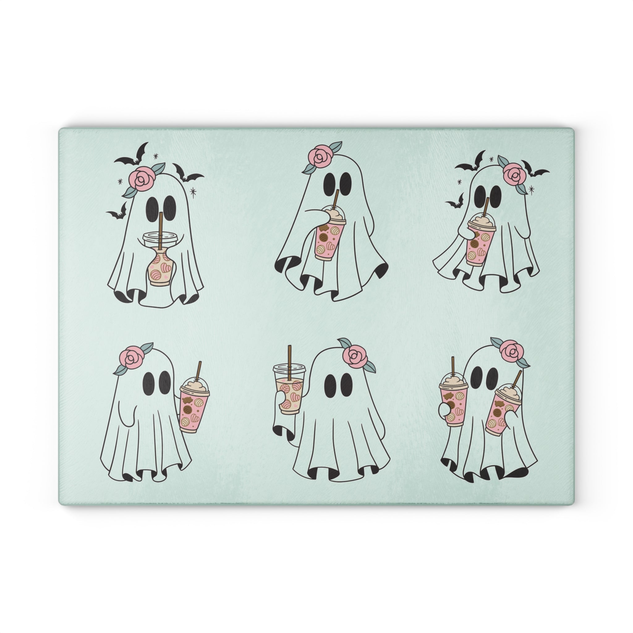 Ghost Boba Glass Cutting Board — Cute Floral Ghosts Drinking Bubble Tea Kitchen Decor