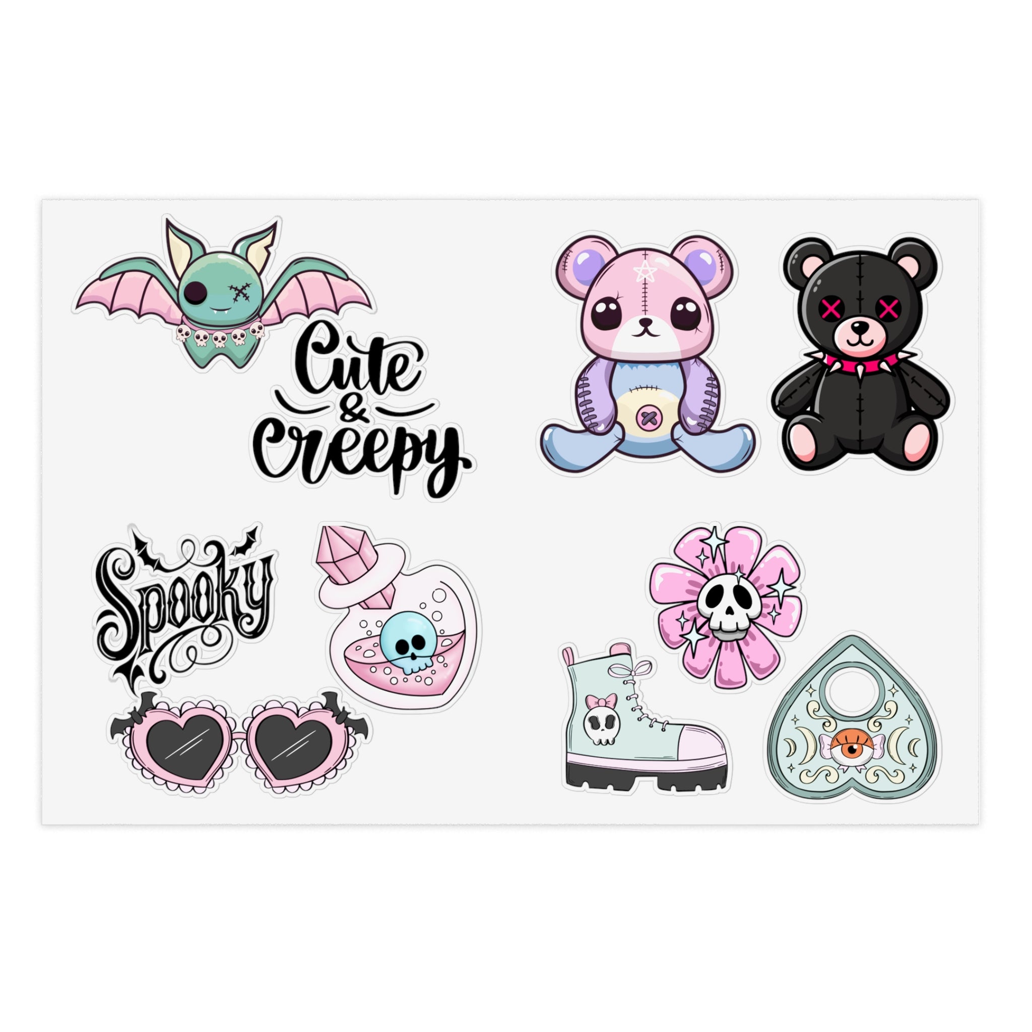 10 Sticker sheets: Cute & Creepy Sticker Sheet Bundle — 10pcs Spooky Stickers (bats, bears, hearts)