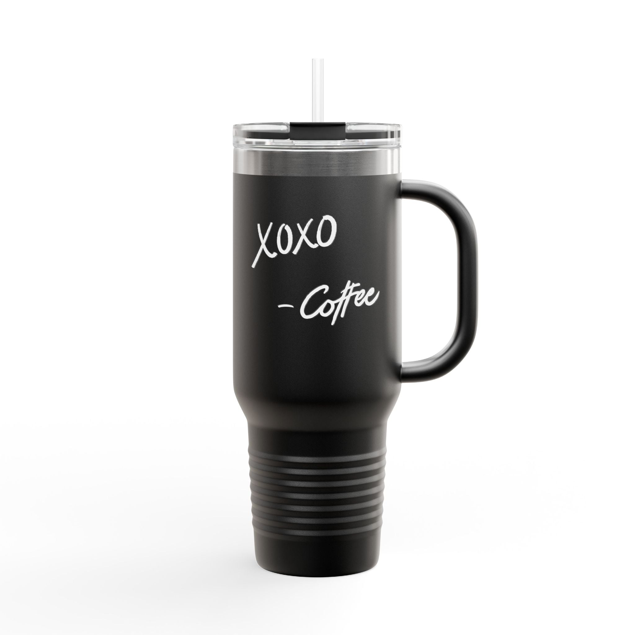 40oz Insulated Travel Mug — Black "XOXO Coffee" Tumbler with Straw & Handle - White Lettering
