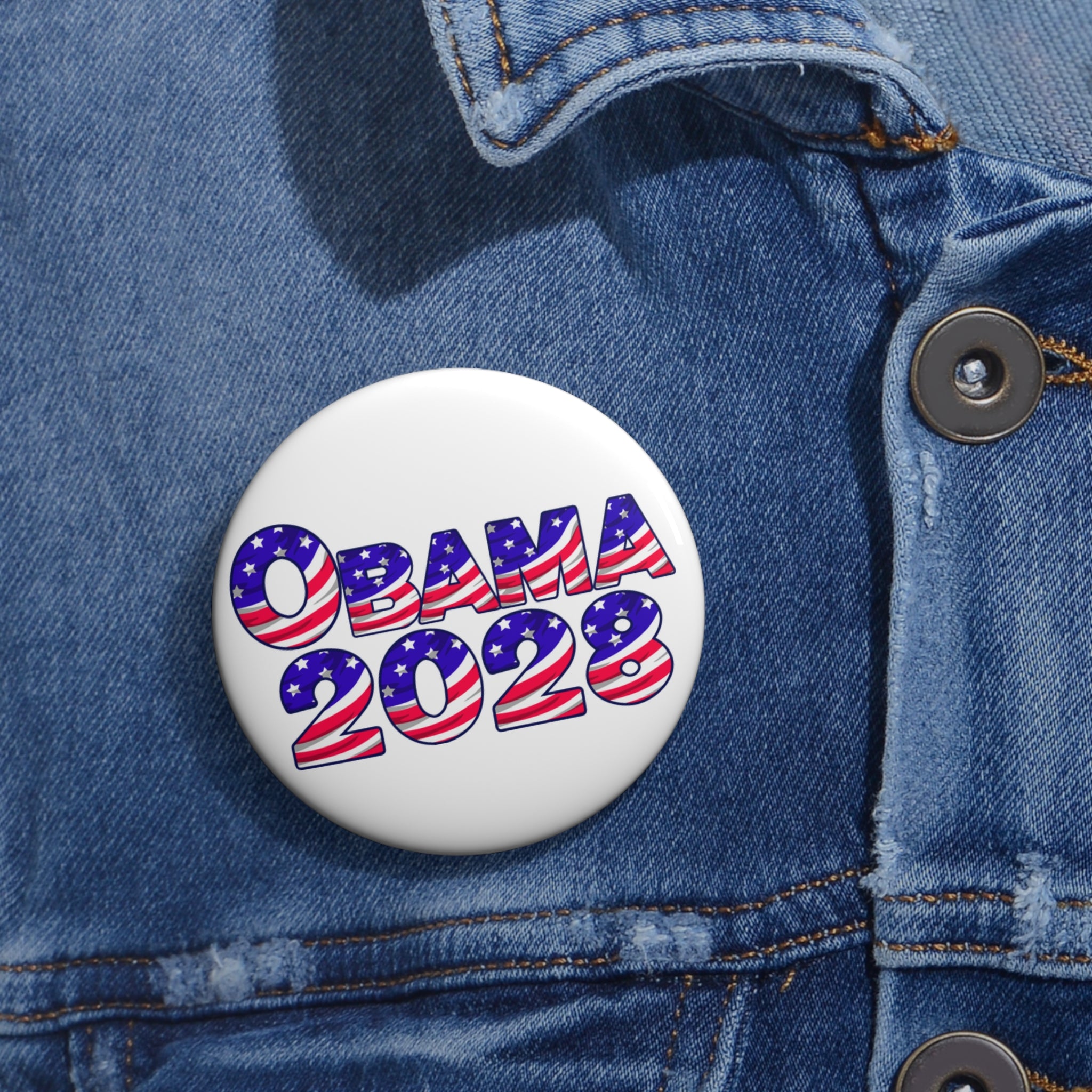 Political Campaign Pin Button — "OBAMA 2028" Patriotic Round Badge