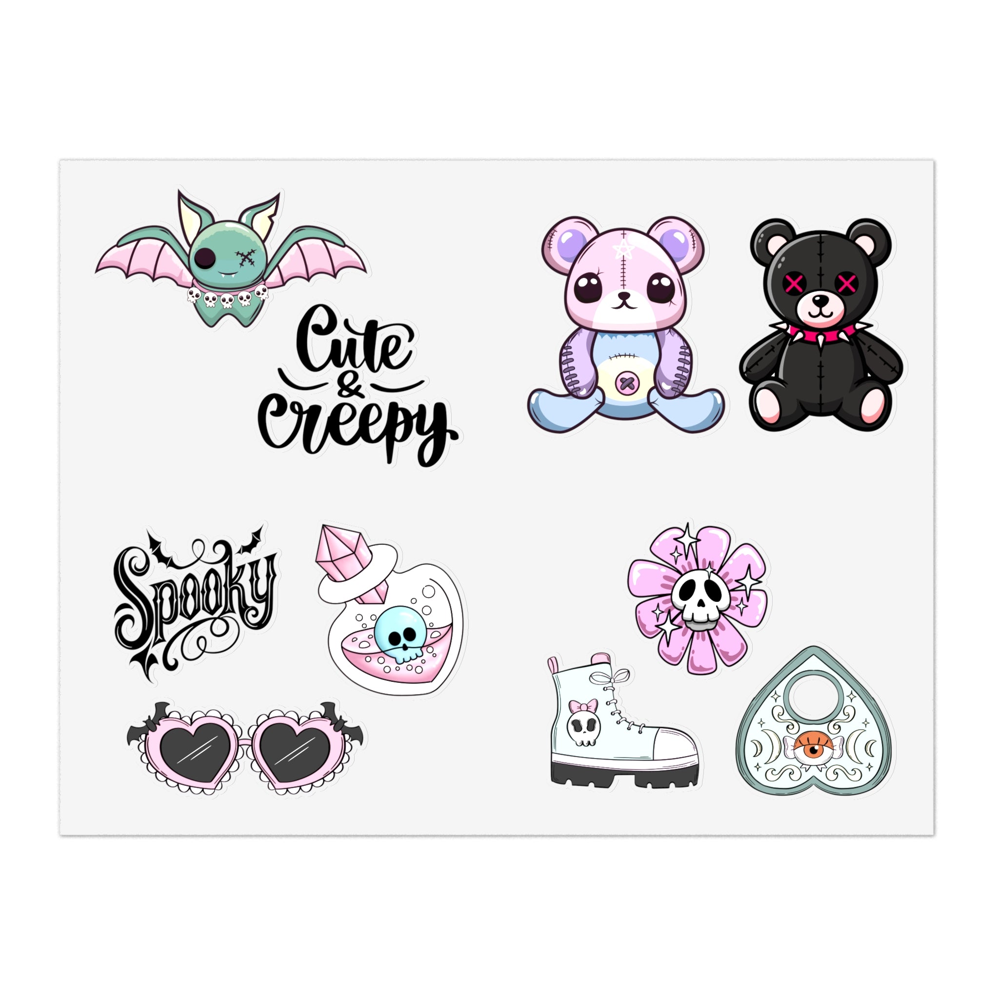 10 Sticker sheets: Cute & Creepy Sticker Sheet Bundle — 10pcs Spooky Stickers (bats, bears, hearts)